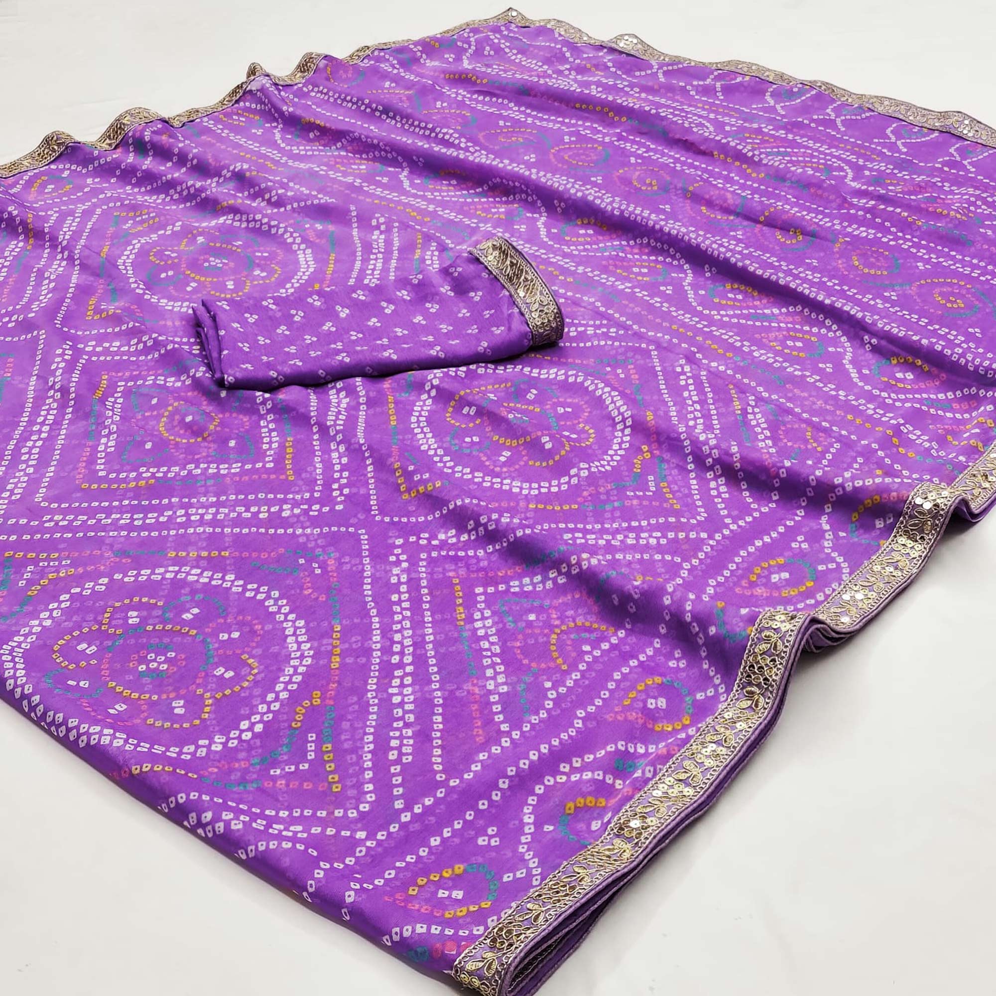 Peachmode Lavender Bandhani Printed Chiffon Saree
