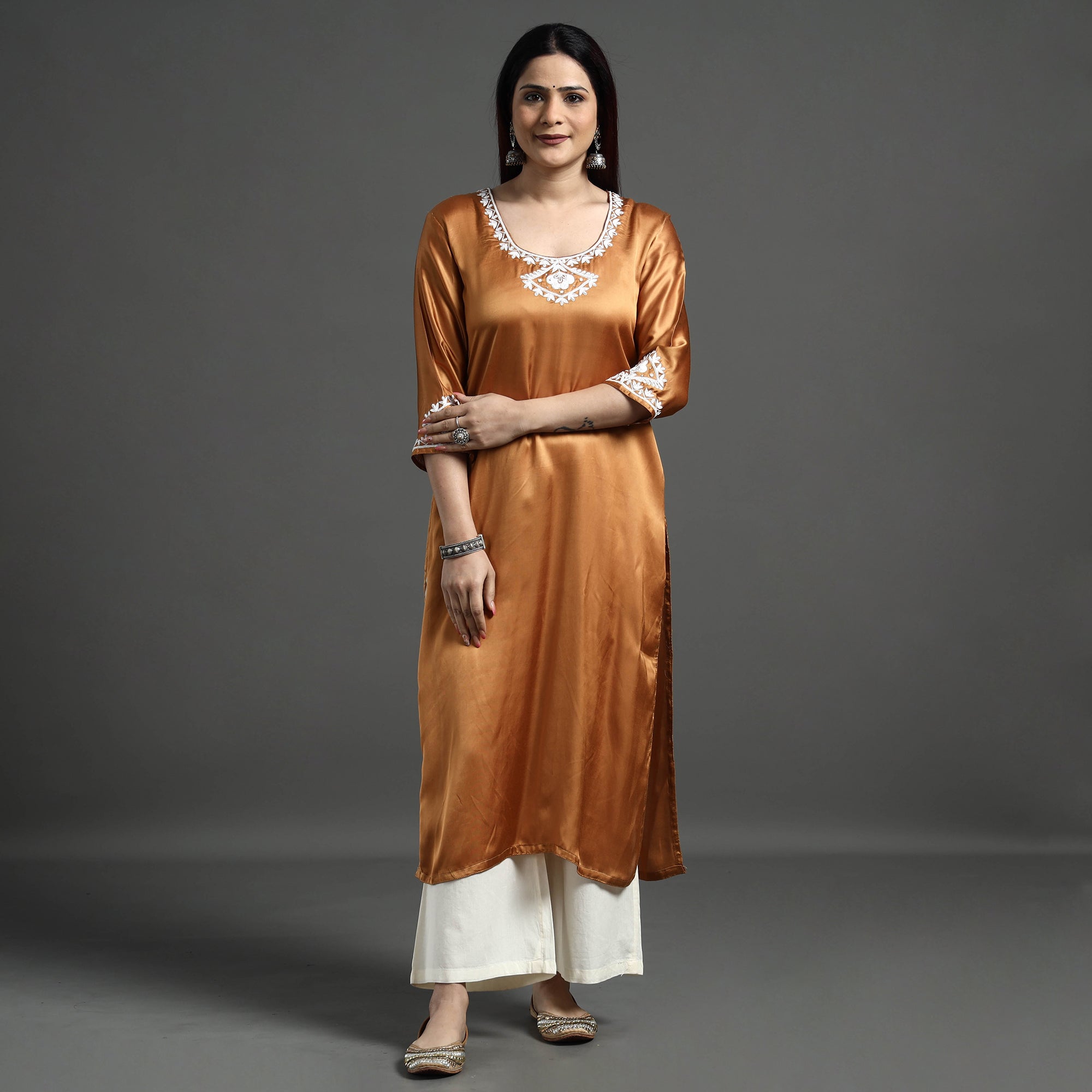 ITOKRI CASUALS Brown Modal Silk Hand Embroidered Long Straight Kurta - view 2