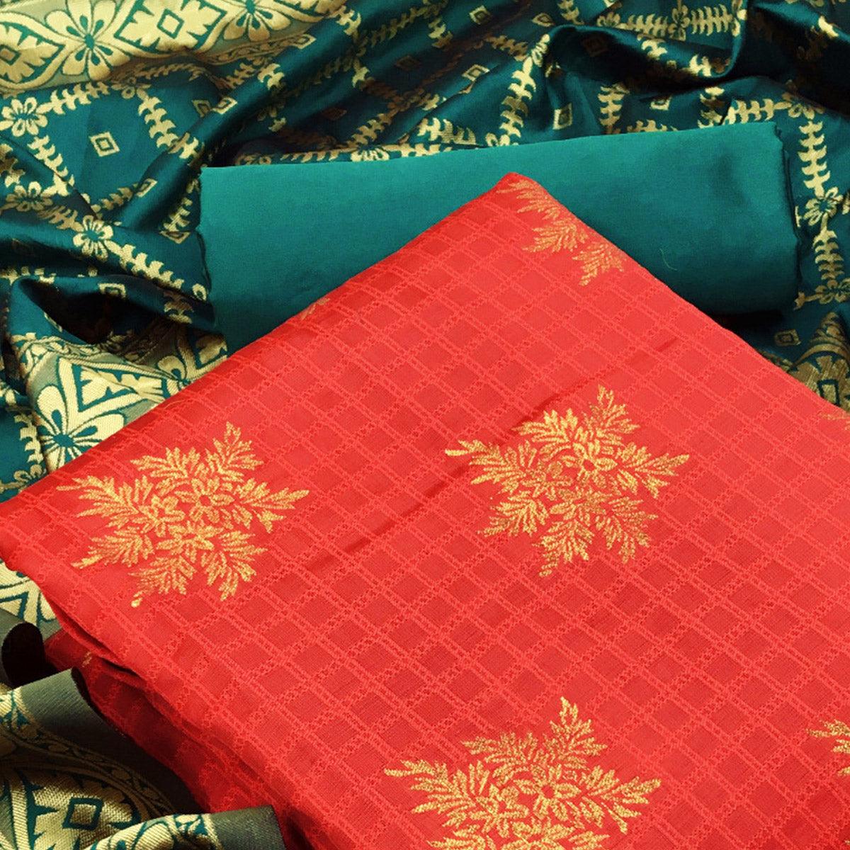 Peachmode Lovely Red Colored Casual Wear Woven Banarasi Silk Dress Material - view 2