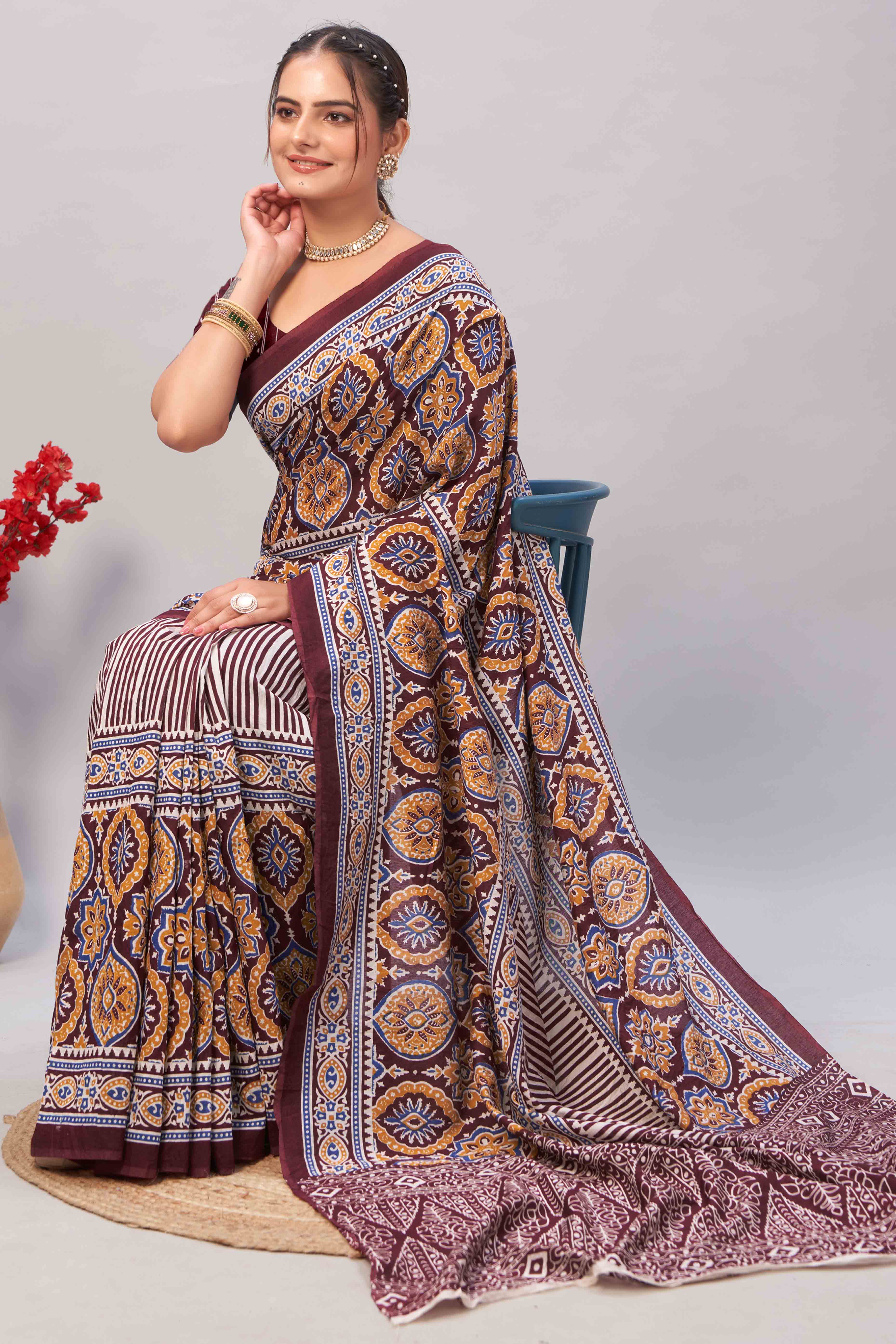 Peachmode Dark Maroon Ajrakh Printed Cotton Blend Saree - view 4