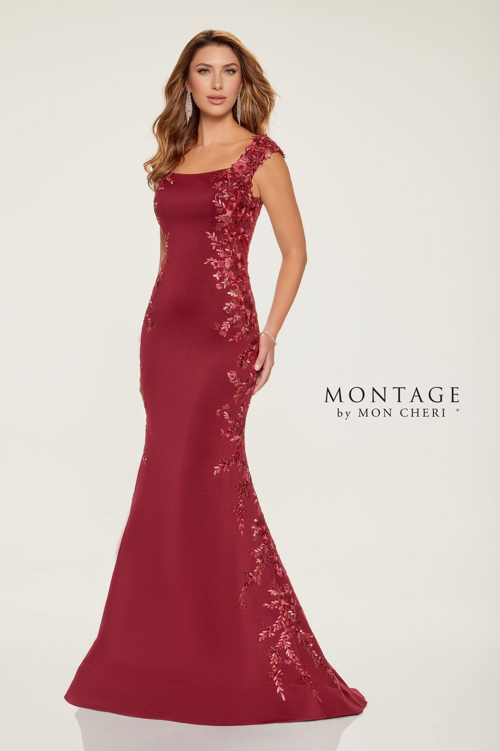 Montage M847 Long Floral Lace Formal Dress – Bordeaux