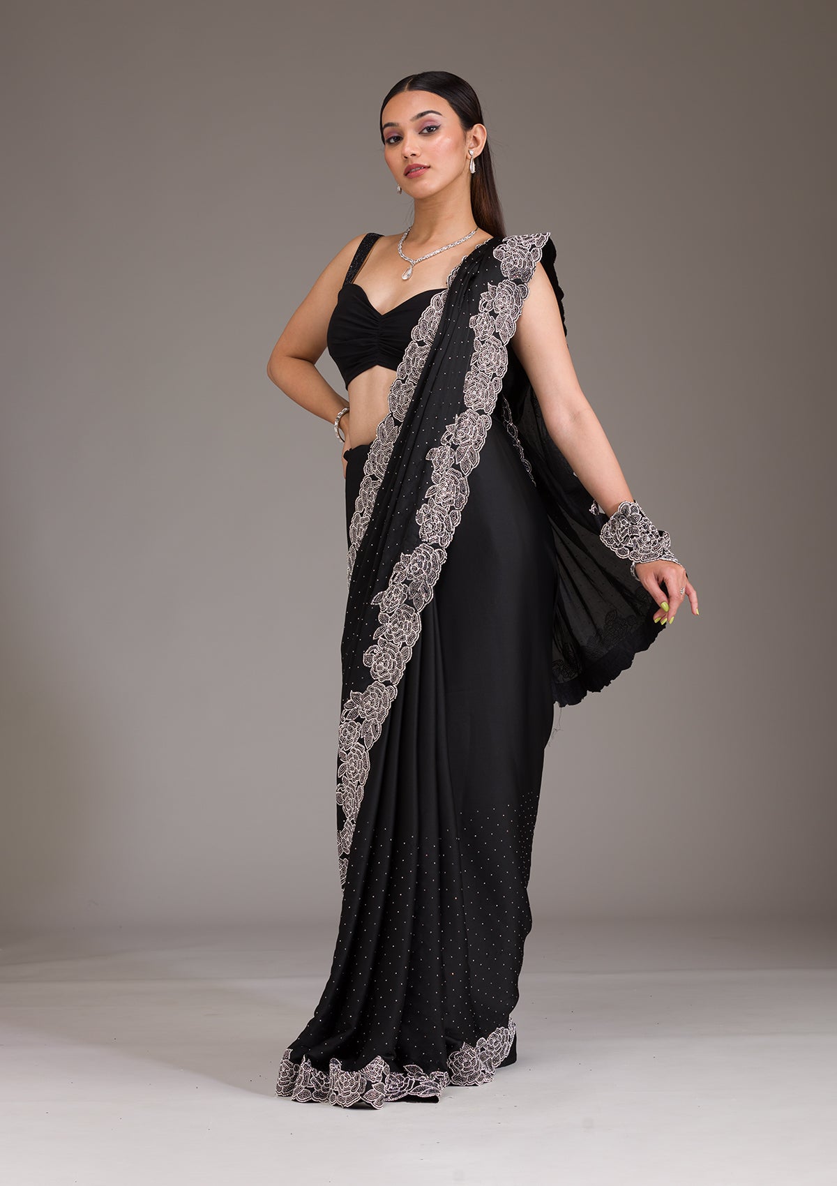 Koskii Black Swarovski Satin Saree – Women's - view 3