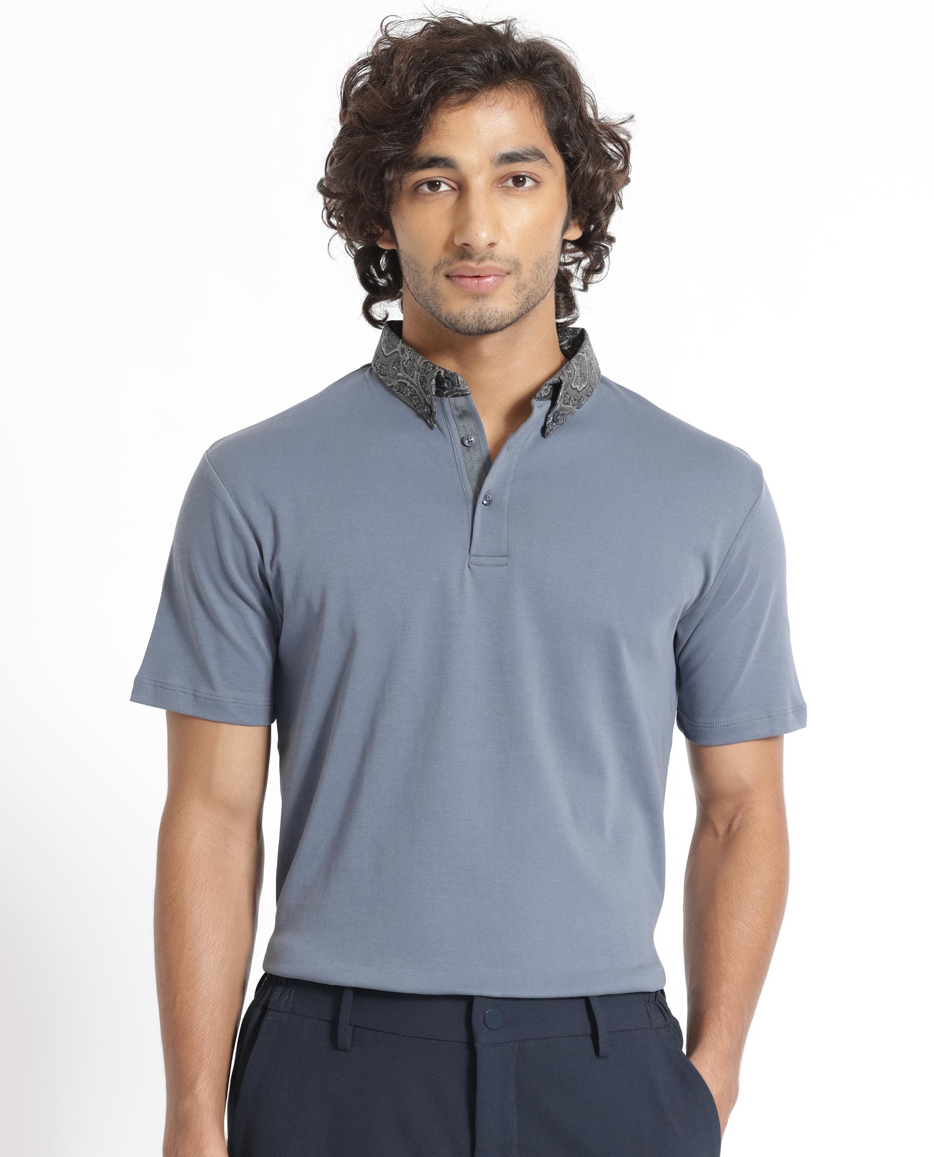 Rare Rabbit Men's Ringer-1 Grey Cotton Fabric Printed Collar Neck Half Sleeves Polo T-Shirt - view 3