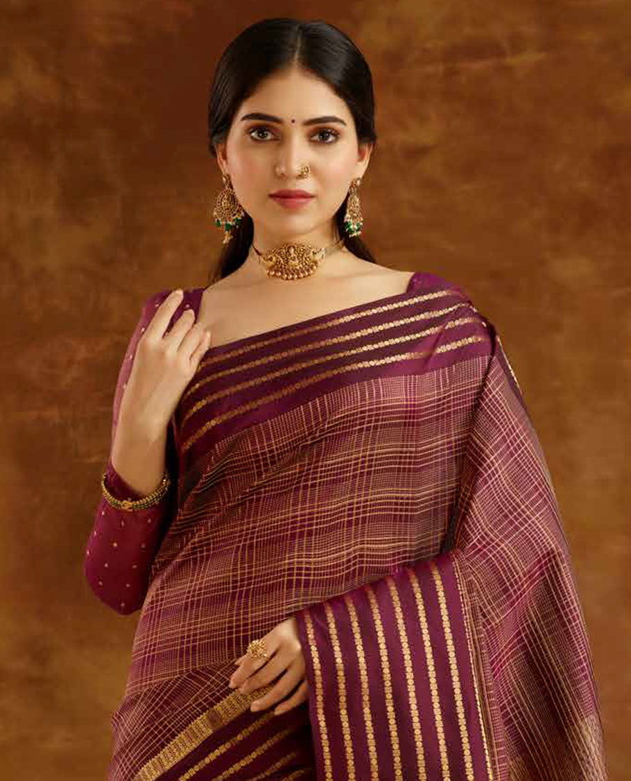 Vasundhara Lite-SilkÂ Mix Maroon checked Vasundhara elite silk saree, contrast traditional zari design border & intricate pallu - view 2
