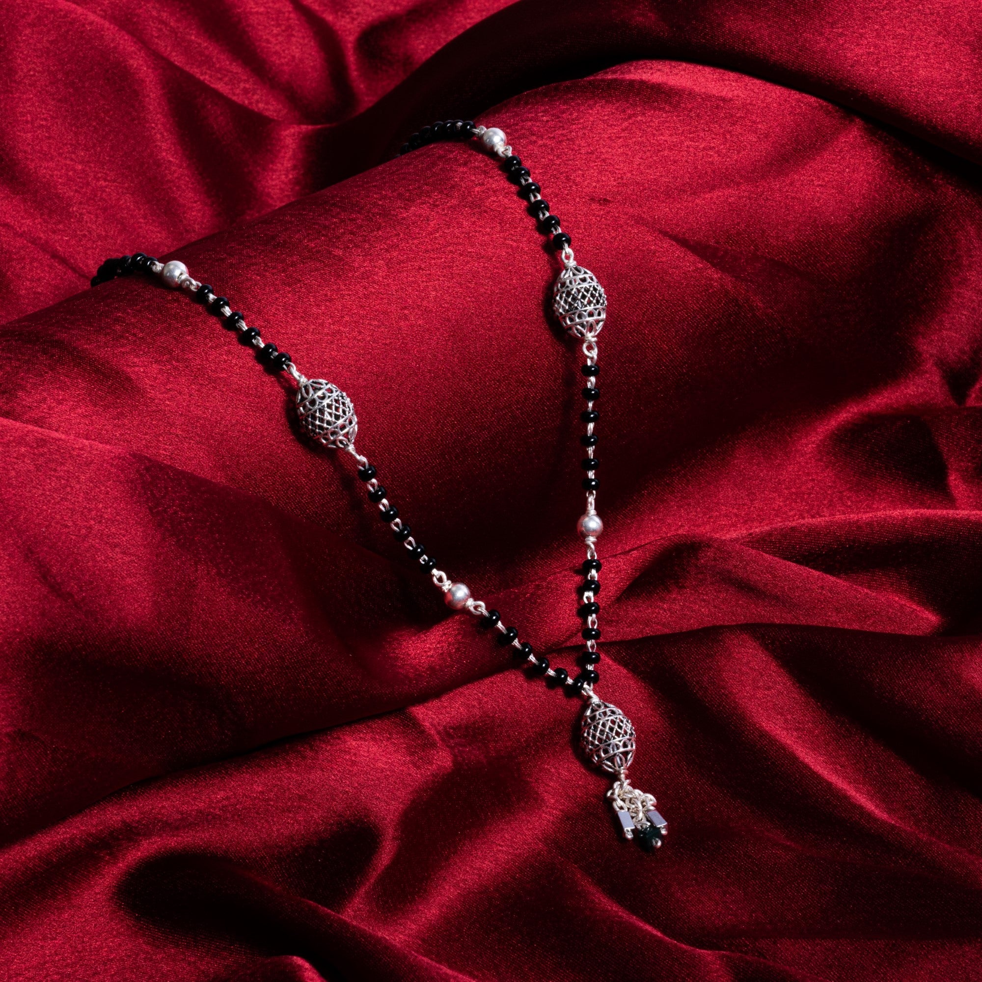 Prinjal Jewellers Black Beads Mangal Sutra with 3 Dangling Beaded Silver Pendants for Women