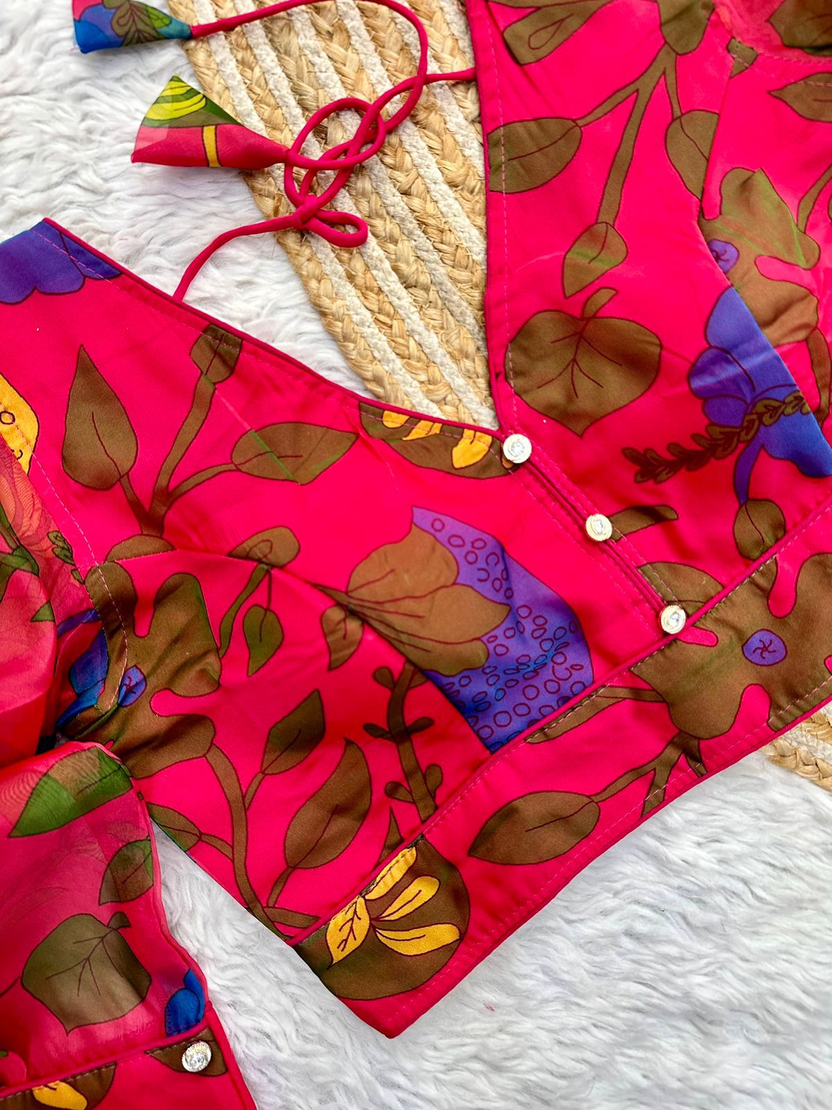 ClothsVilla Pink Kalamkari Print Rajbhog Organza Blouse with Elegant Buttons - view 2