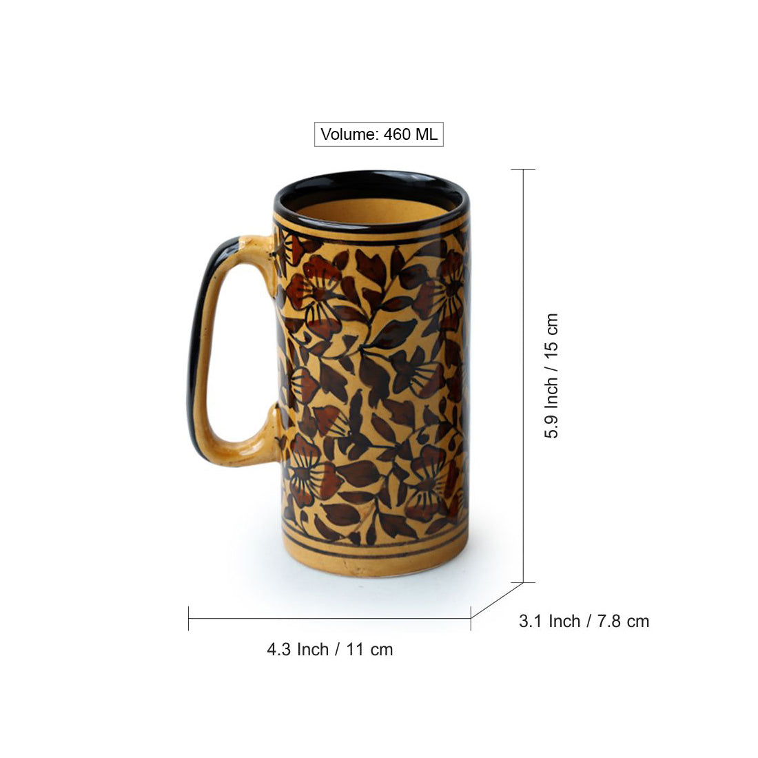 EXCLUSIVELANE 'Mughal Floral' Handpainted Ceramic Milk & Beer Mugs (Set of 2, 460 ML, Microwave Safe) - view 5