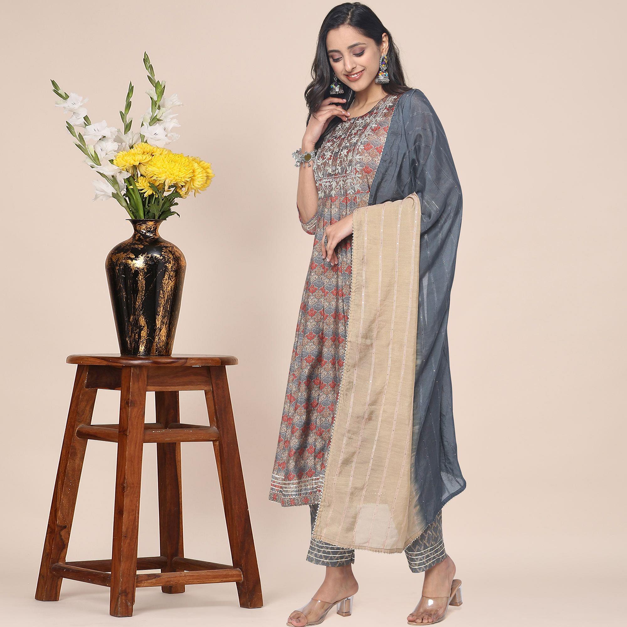 Peachmode Brown Patywear Floral Embroidered With Print Cotton Anarkali Suit - view 3