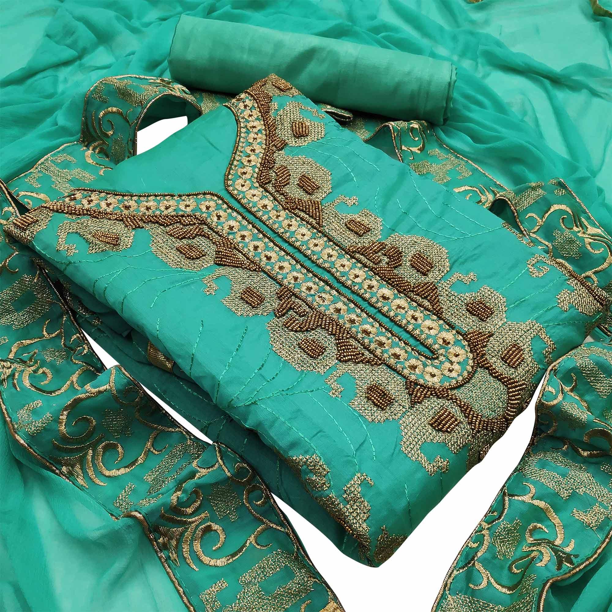 Peachmode Groovy Turquoise Green Colored Casual Wear Embroidered Heavy Modal Silk Dress Material