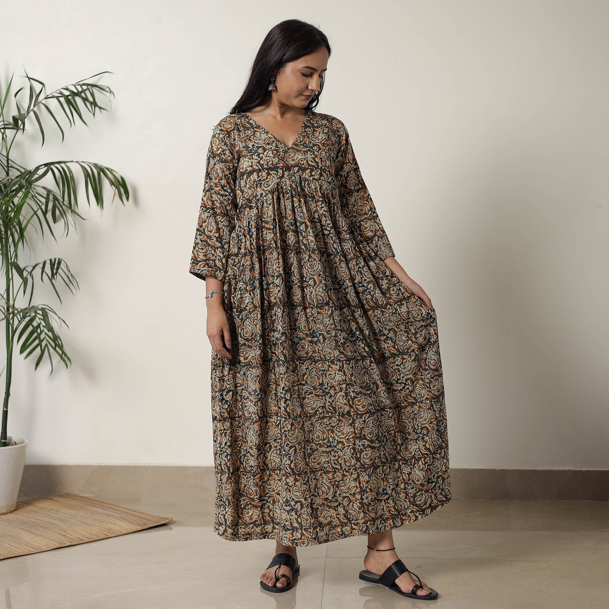 ITOKRI CASUALS Brown - Pedana Kalamkari Block Printed Cotton Flared Dress 05 - view 2