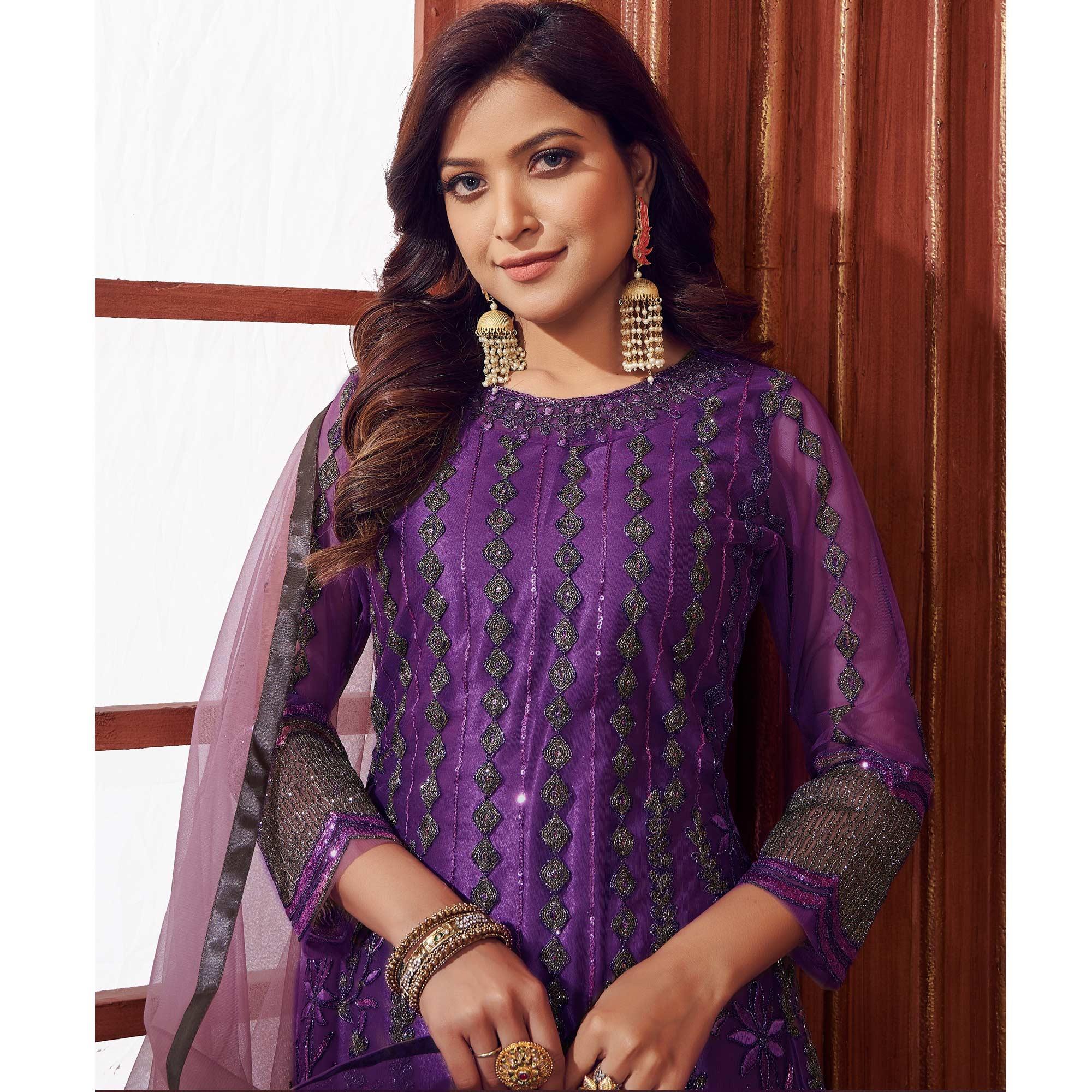 Peachmode Dark Purple Embroidered Netted Suit - view 5