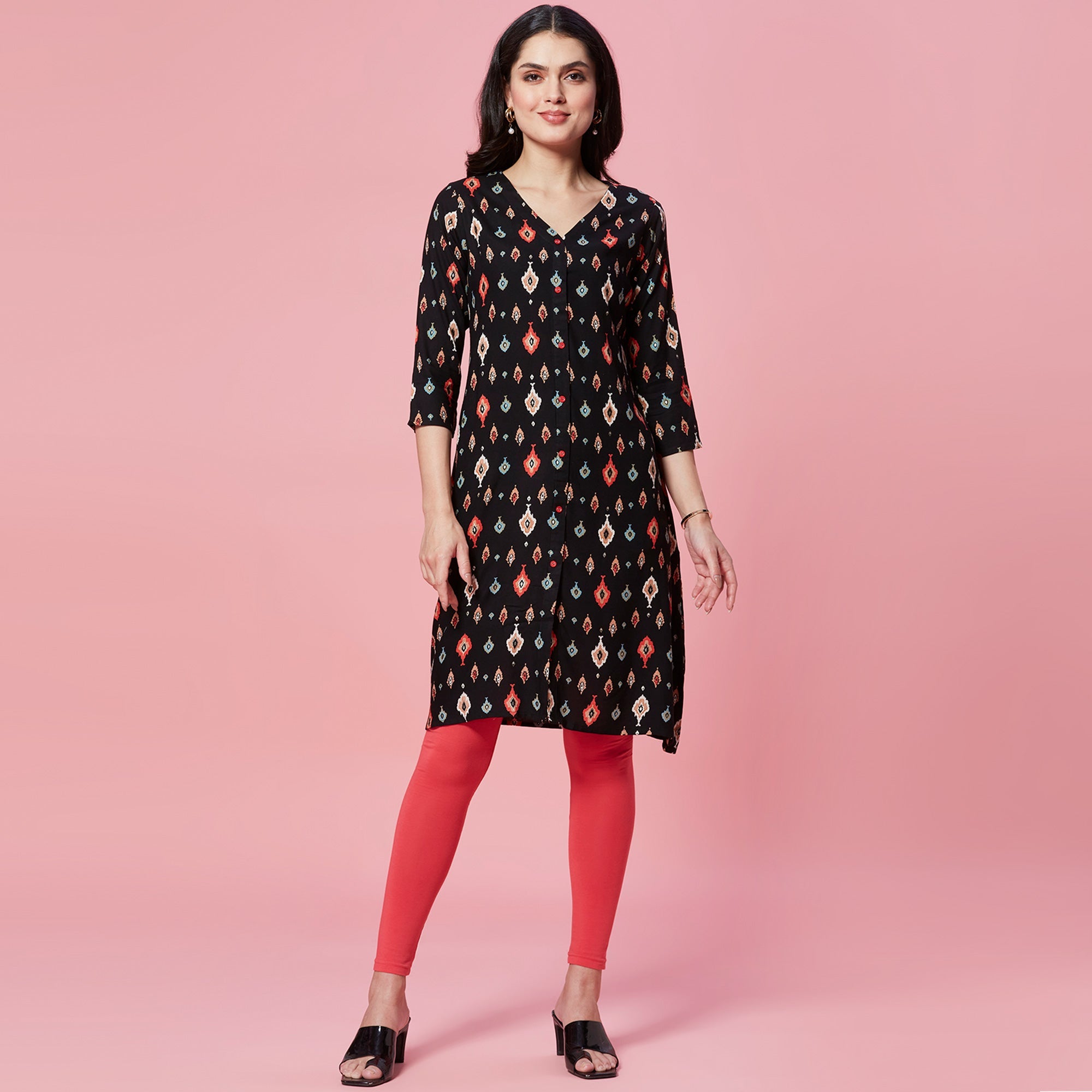 Peachmode Black Ikkat Printed Rayon Straight Kurti - view 2