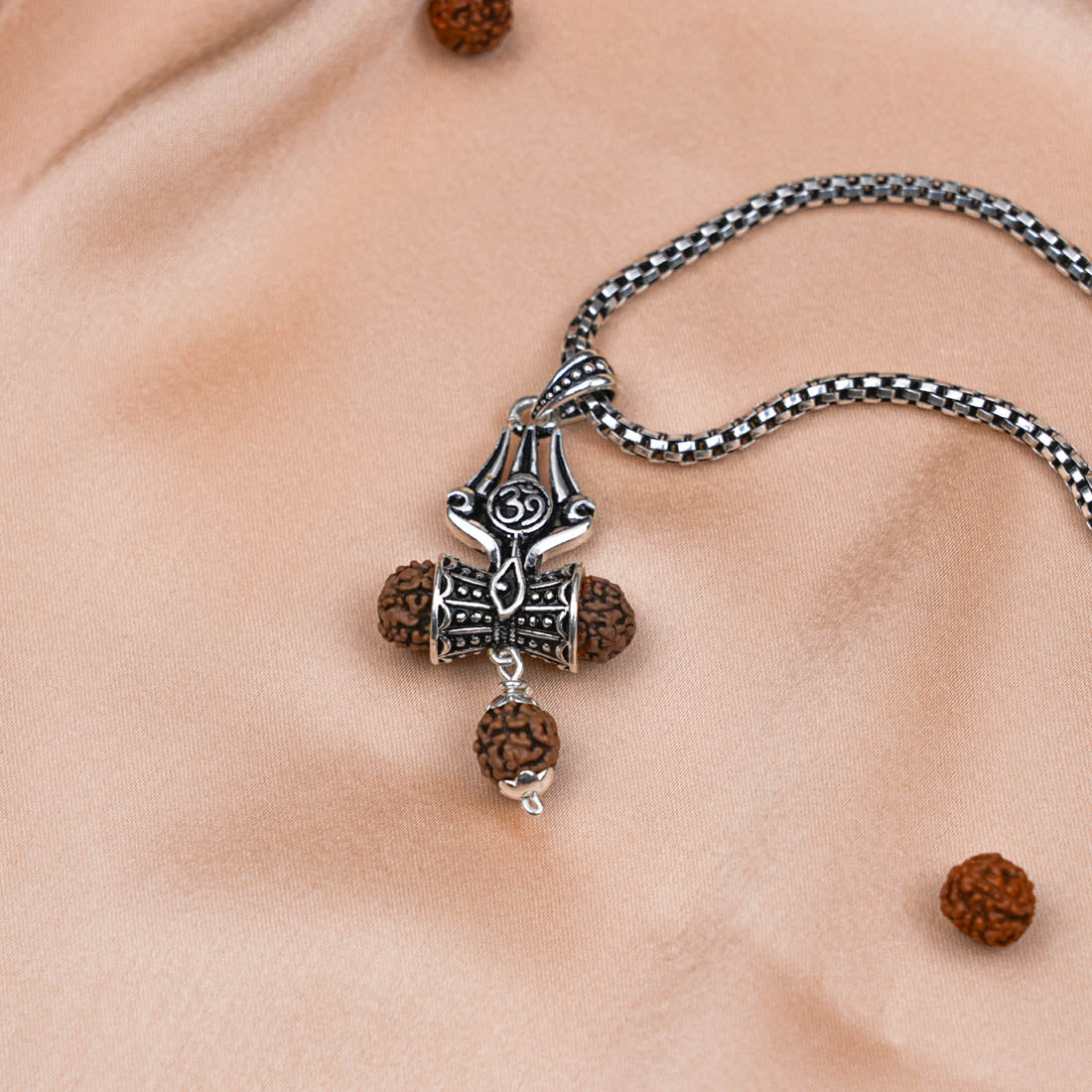 Prinjal Jewellers Rudraksha Trishul Om Damru Pendant With Silver Chain