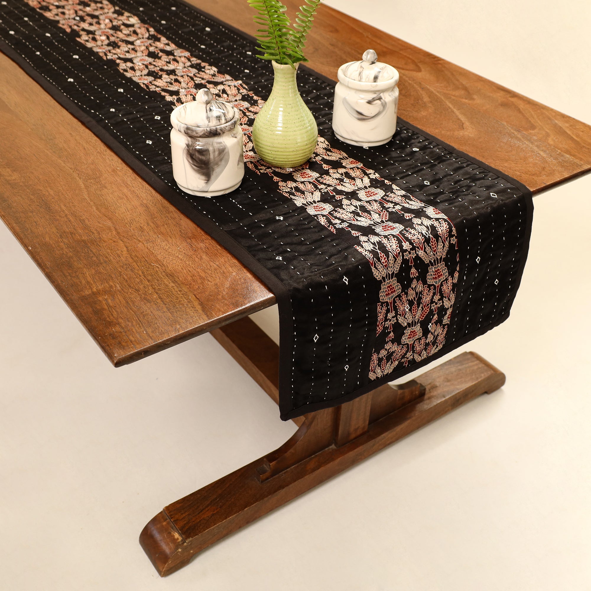KACHCHH JI CHHAAP Black - Kutch Tagai Ajrakh Patchwork Mashru Silk Table Runner (48 x 14 in) 06