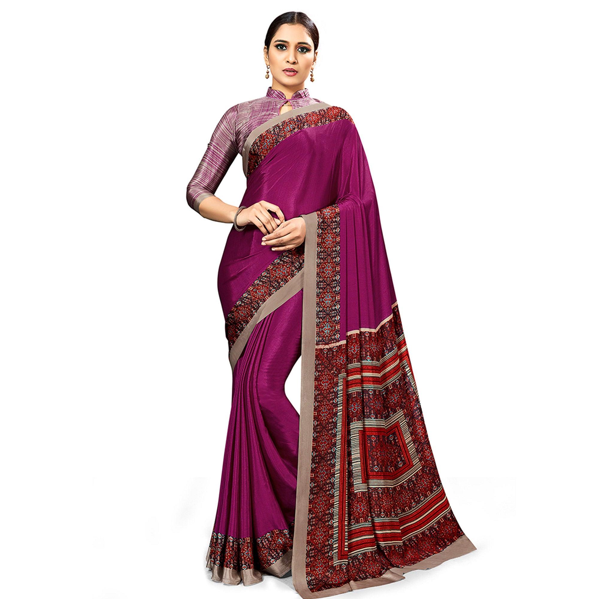 Peachmode Eye-catching Wine Colored Casual Wear Printed Crepe Saree