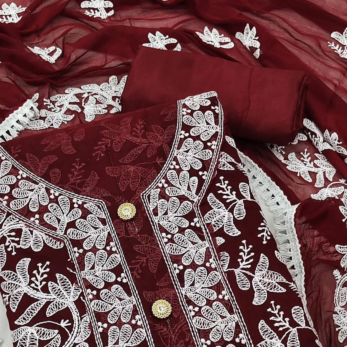 Peachmode Maroon Lucknowi Embroidered Modal Dress Material - view 2