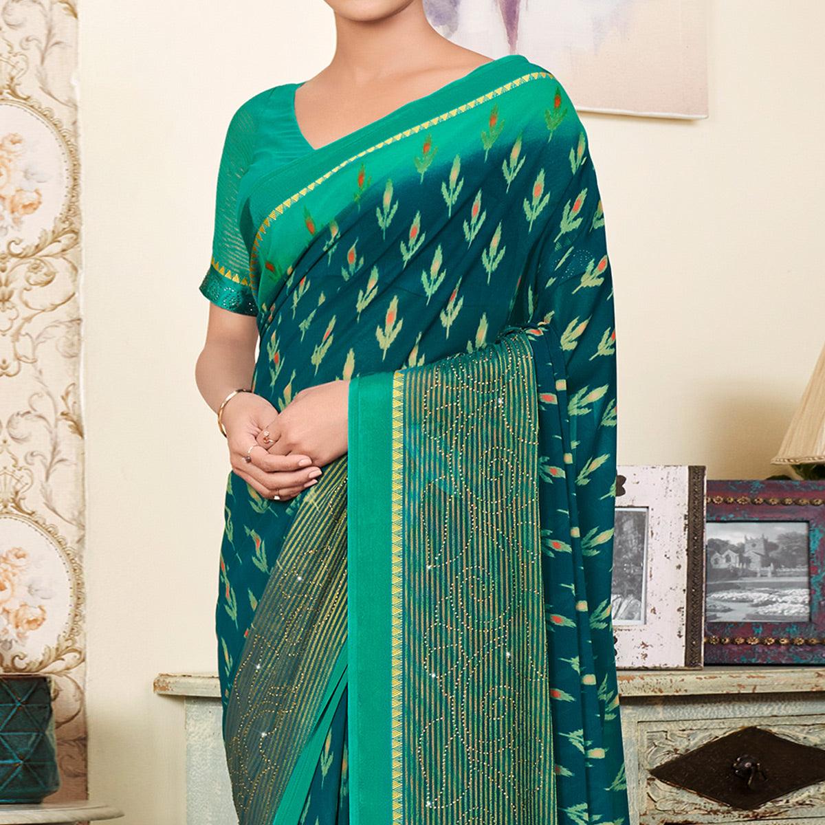 Peachmode Morpich Printed With Swarovski Work Georgette Saree - view 2