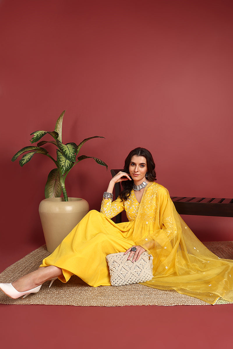 Ahika Yellow Cotton Blend Solid Embroidered A-Line Suit Set PKSKD2379 - view 3