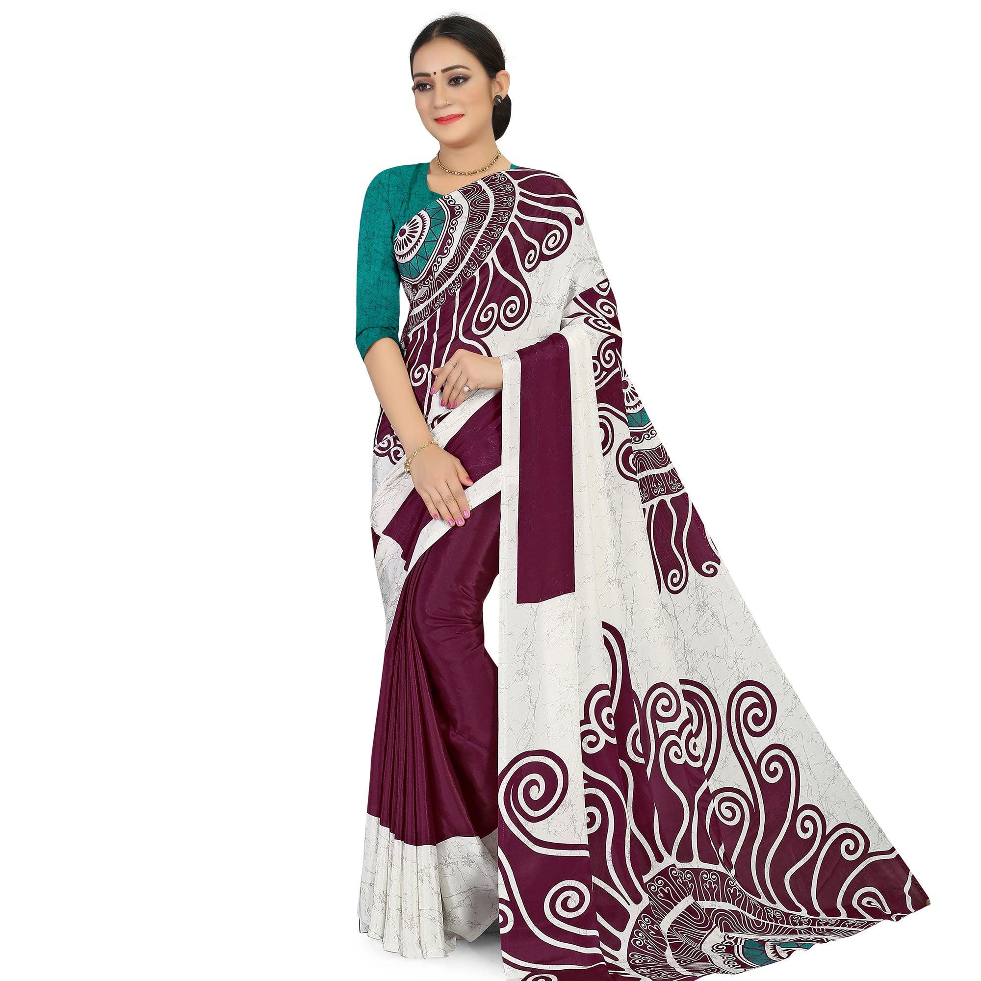Peachmode Charming Offwhite - Wine Colored Casual Wear Printed Satin Saree