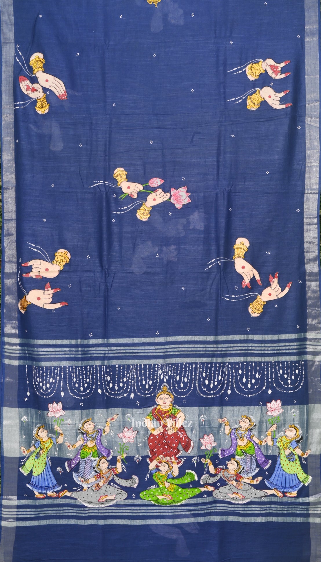 IndianVillèz Sky Blue Mudra Theme Hand-Painted Pattachitra Saree