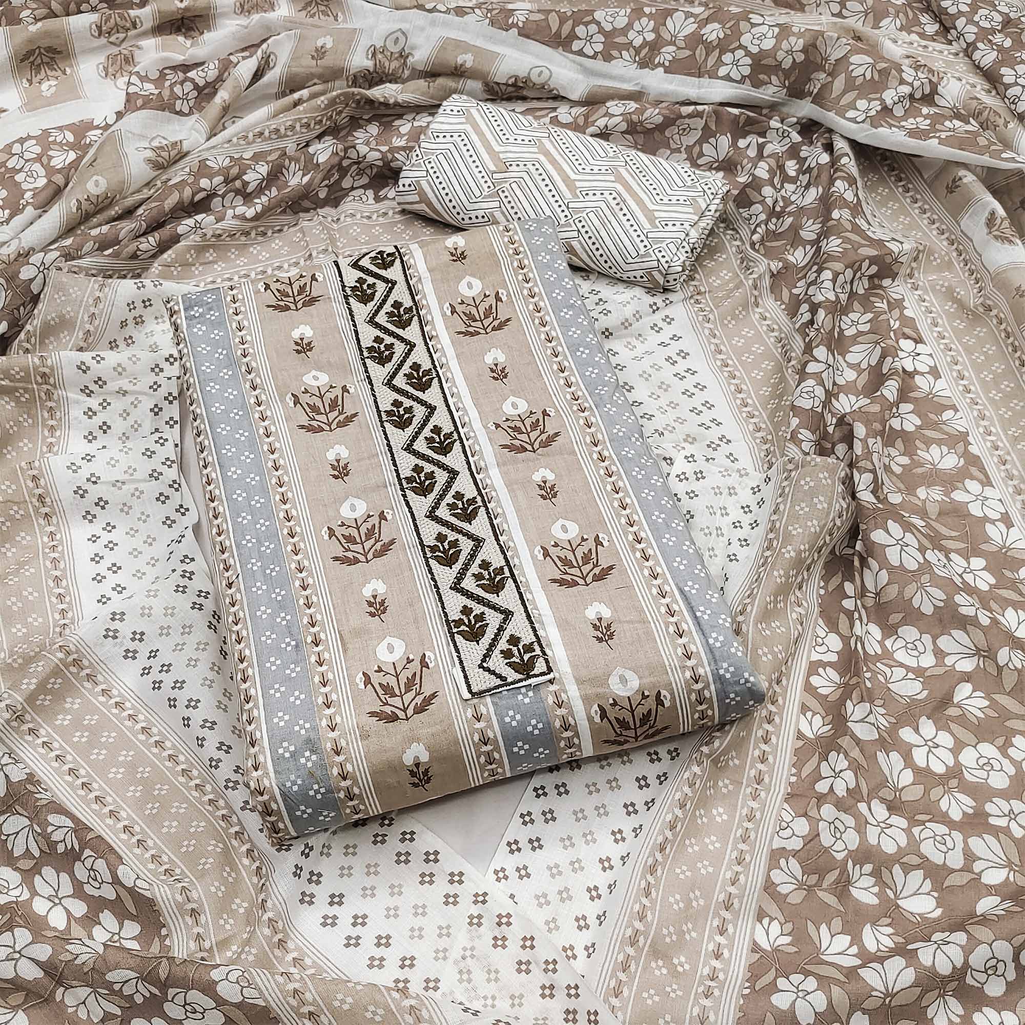 Peachmode Coffee Brown Floral Printed Pure Cotton Dress Material