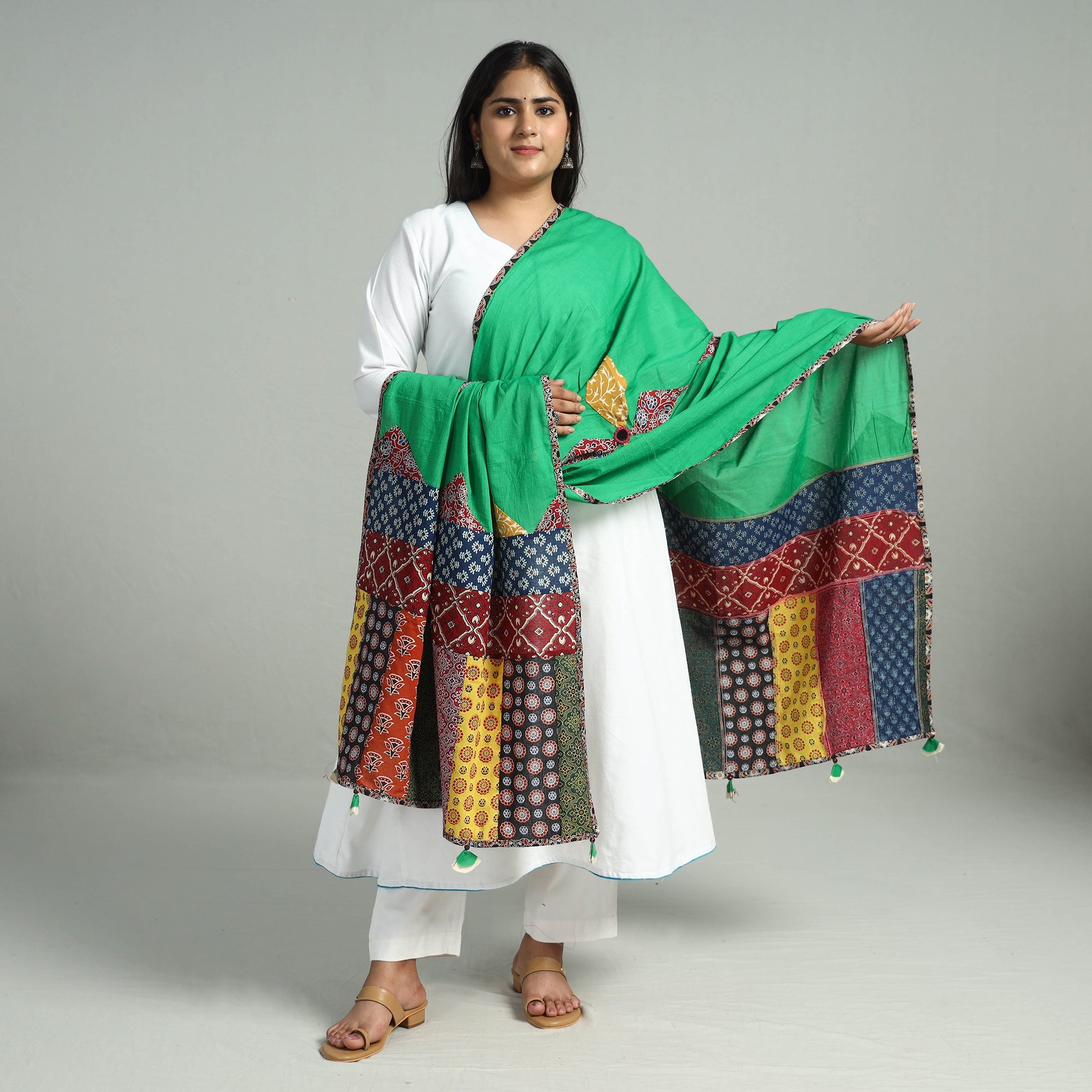 SHADES OF MARUDHARA Applique Patchwork Cotton Ajrakh Dupatta with Mirror Work 04