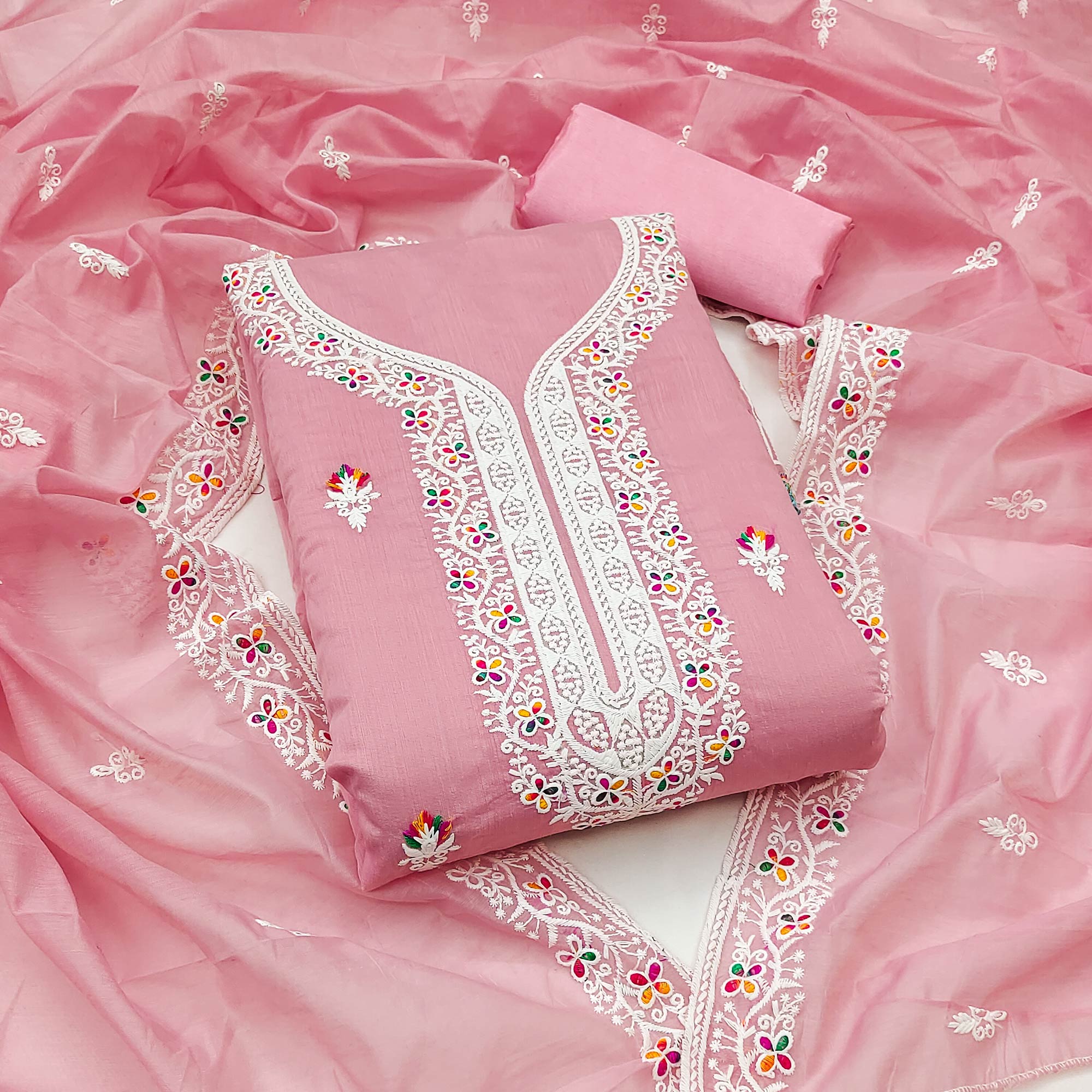 Peachmode Light Pink Floral Embroidered Chanderi Dress Material