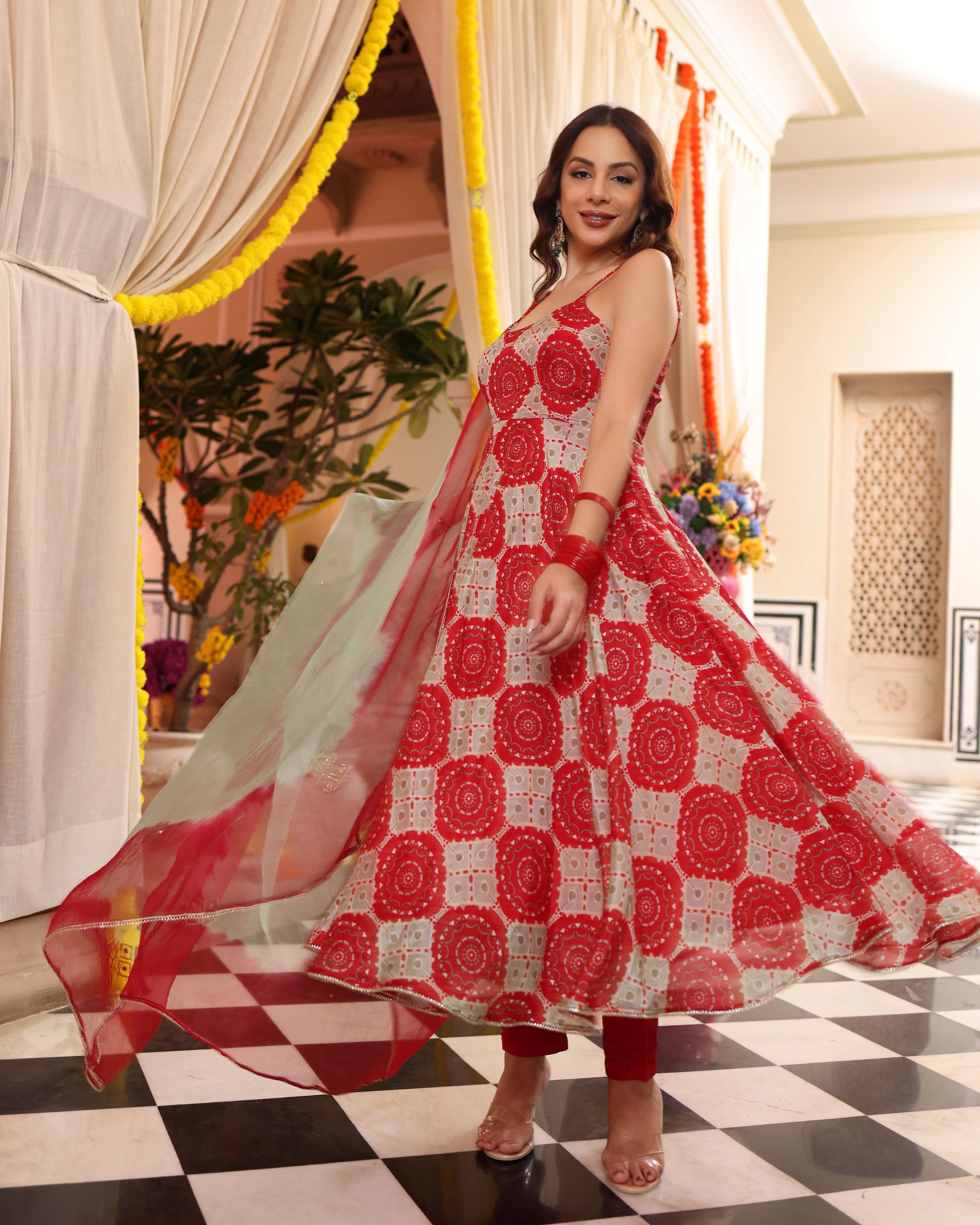 Aachho Cherry Red Delight Printed Silk Suit Set