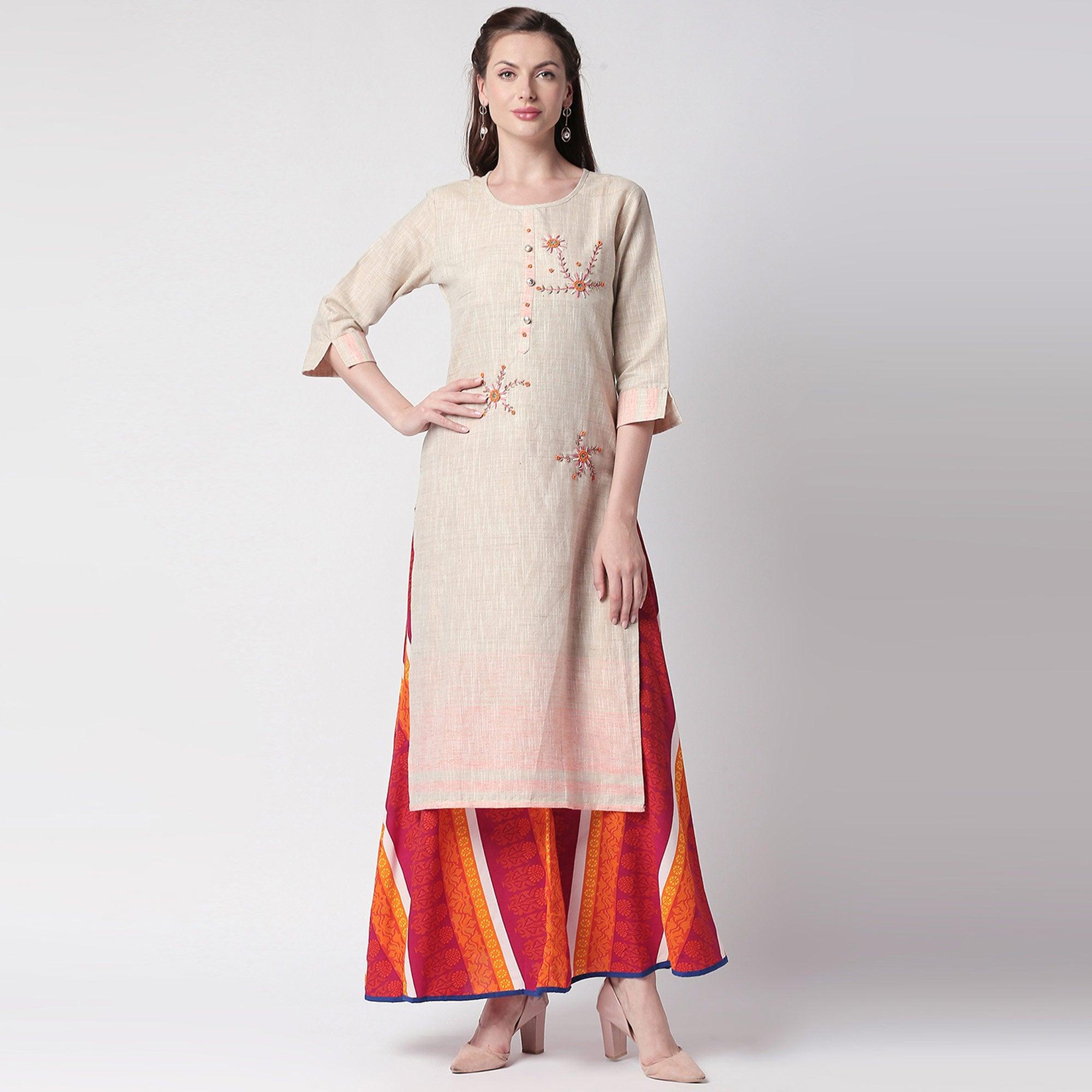 BlackTree glowing-off-white-colored-partywear-embroidered-cotton-kurti-skirt-set-41536 - view 5