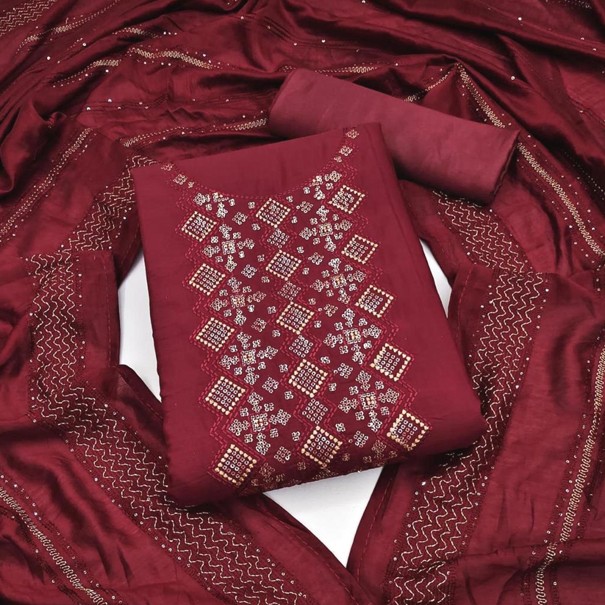 Peachmode Maroon Embroidered Art Silk Dress Material