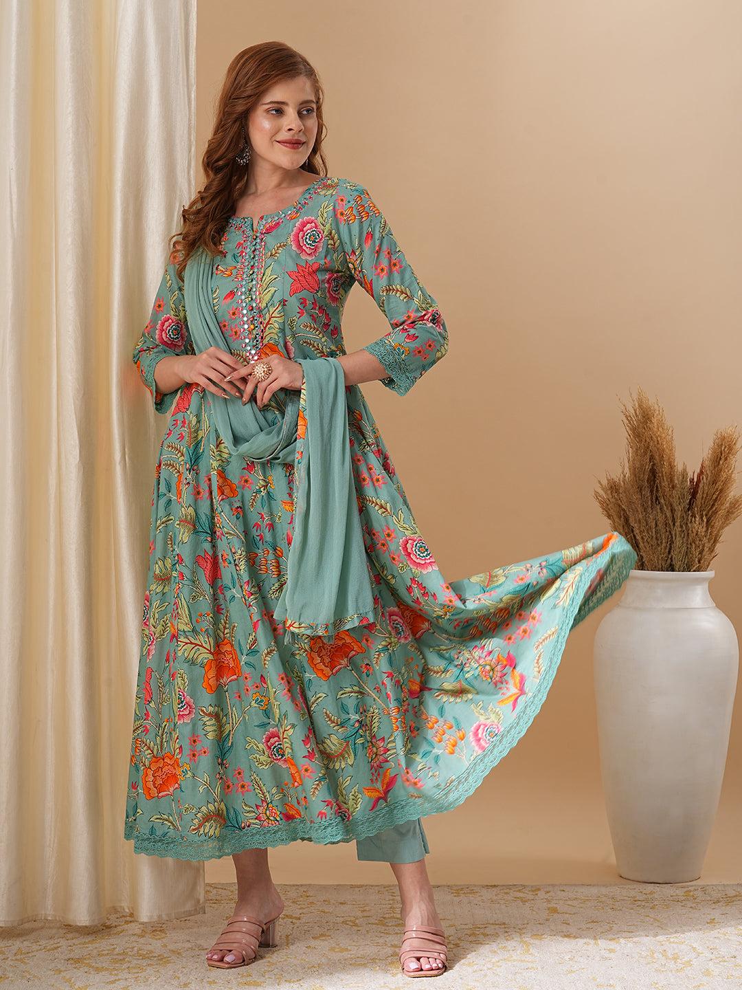 Fashor Floral Printed & Embroidered Anarkali Kurta with Pant and Dupatta - Green