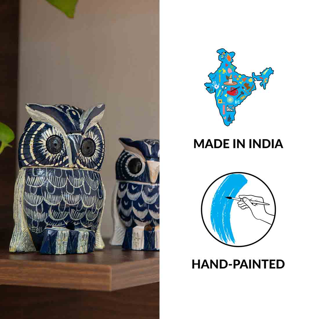 EXCLUSIVELANE 'The Resting Owl Pair' Handpainted Showpiece In Eucalyptus Wood (Set of 2) - view 6