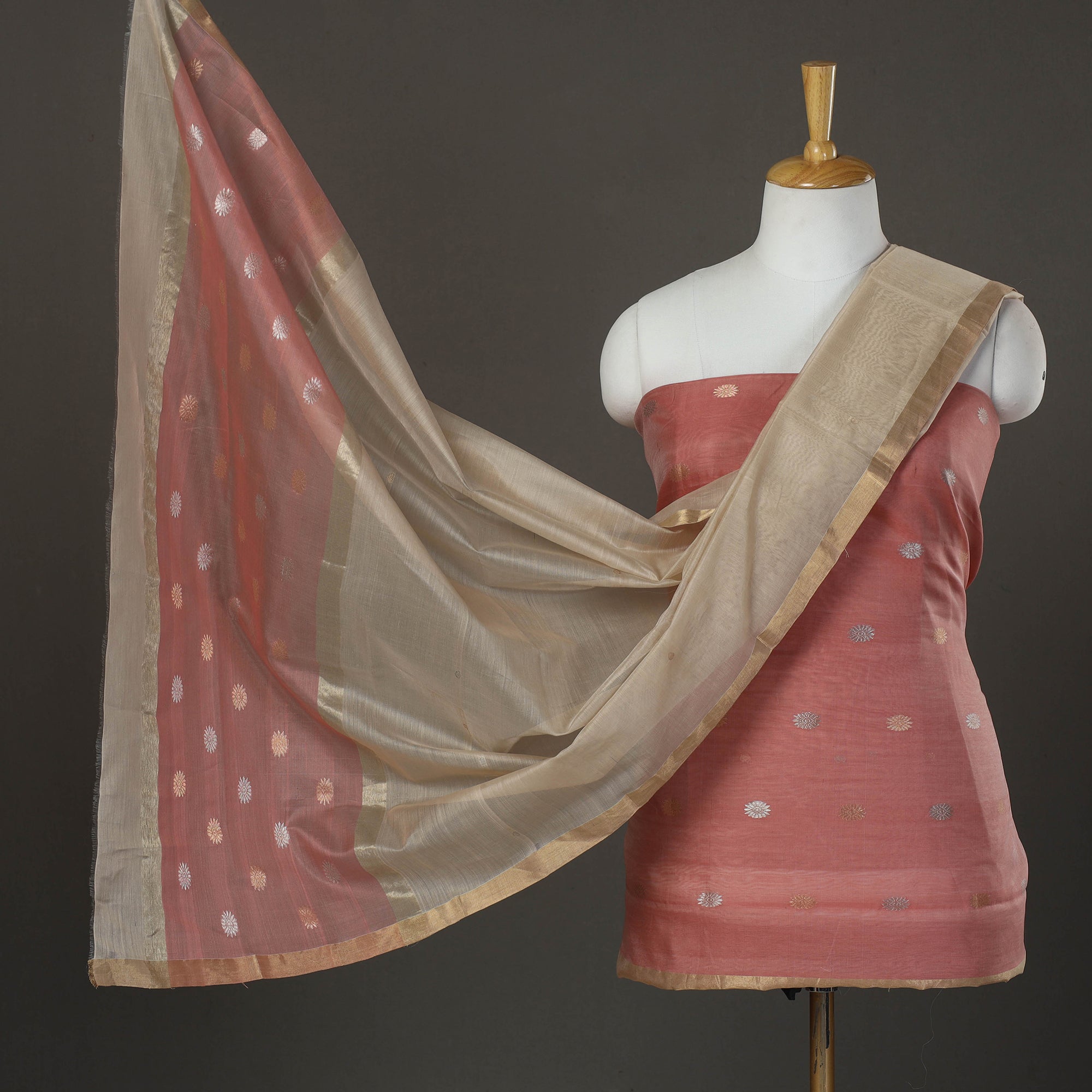 CHANDERI BY RAUPH KHAN Peach - 2pc Zari Buti Handloom Chanderi Silk Dress Material 09