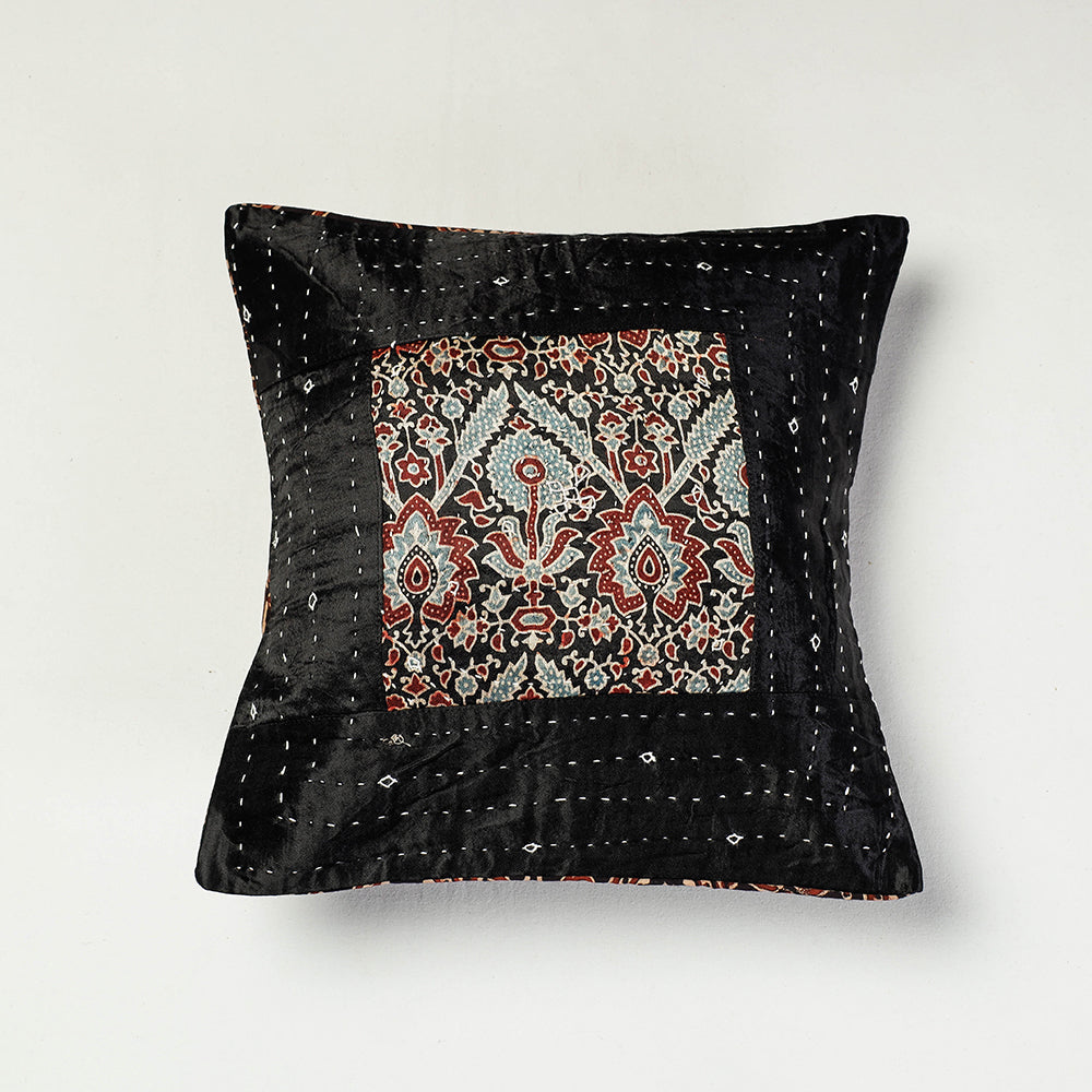 KACHCHH JI CHHAAP Black - Kutch Embroidered Ajrakh Mashru Silk Cushion Cover (12 x 12 in)