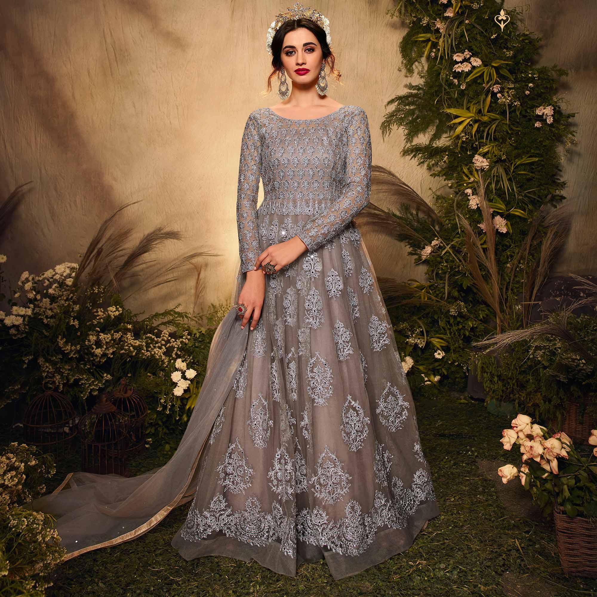 Peachmode Grey Partywear Embroidered Net Anarkali Suit