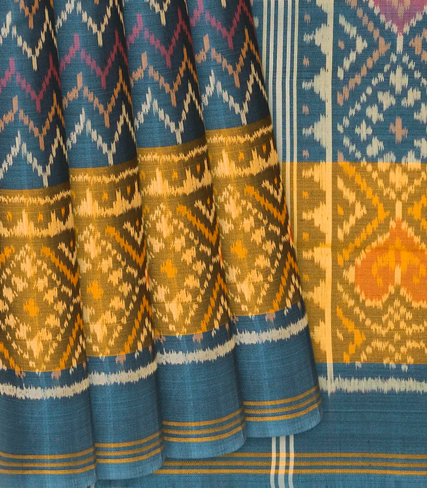 RmKV Steel Blue Handloom Rajkot Patola Silk Saree With Chevron Motifs-Steel Blue