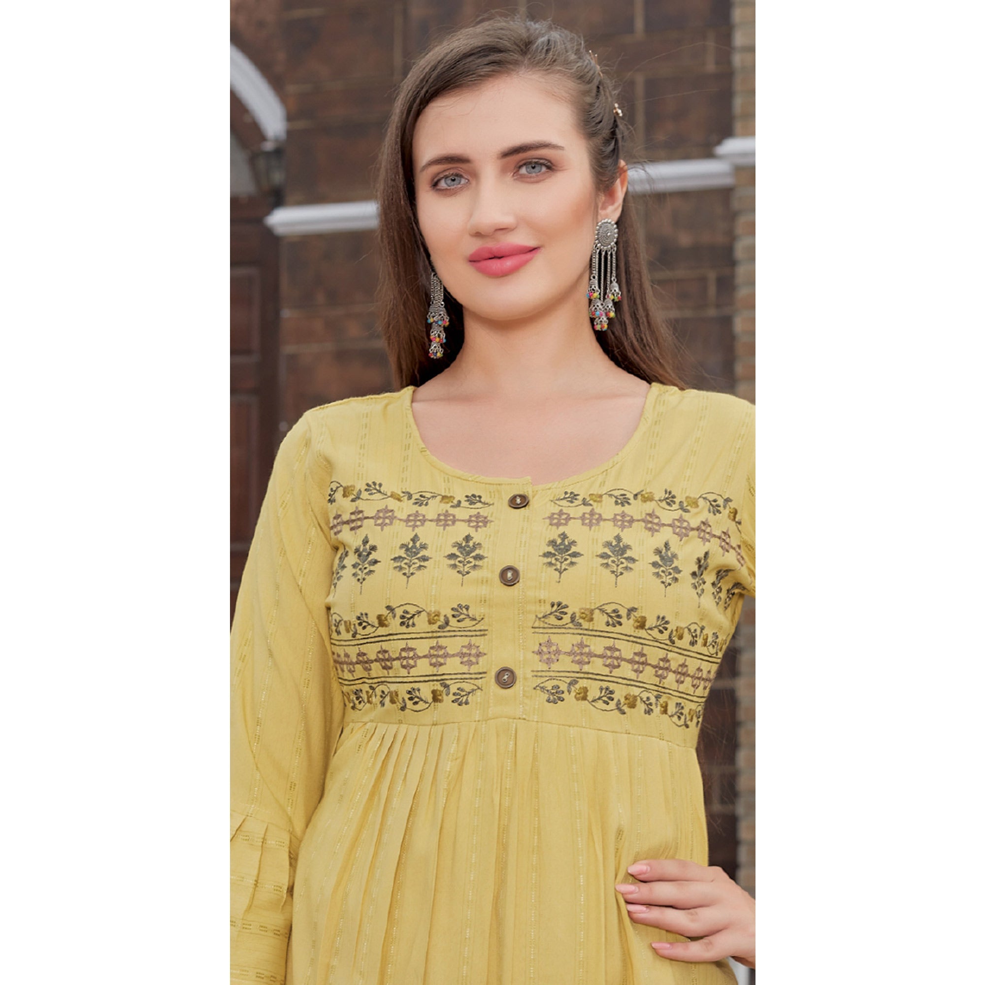 Peachmode Seller Mehendi Green Floral Embroidered Rayon Naira Cut Kurti - view 4