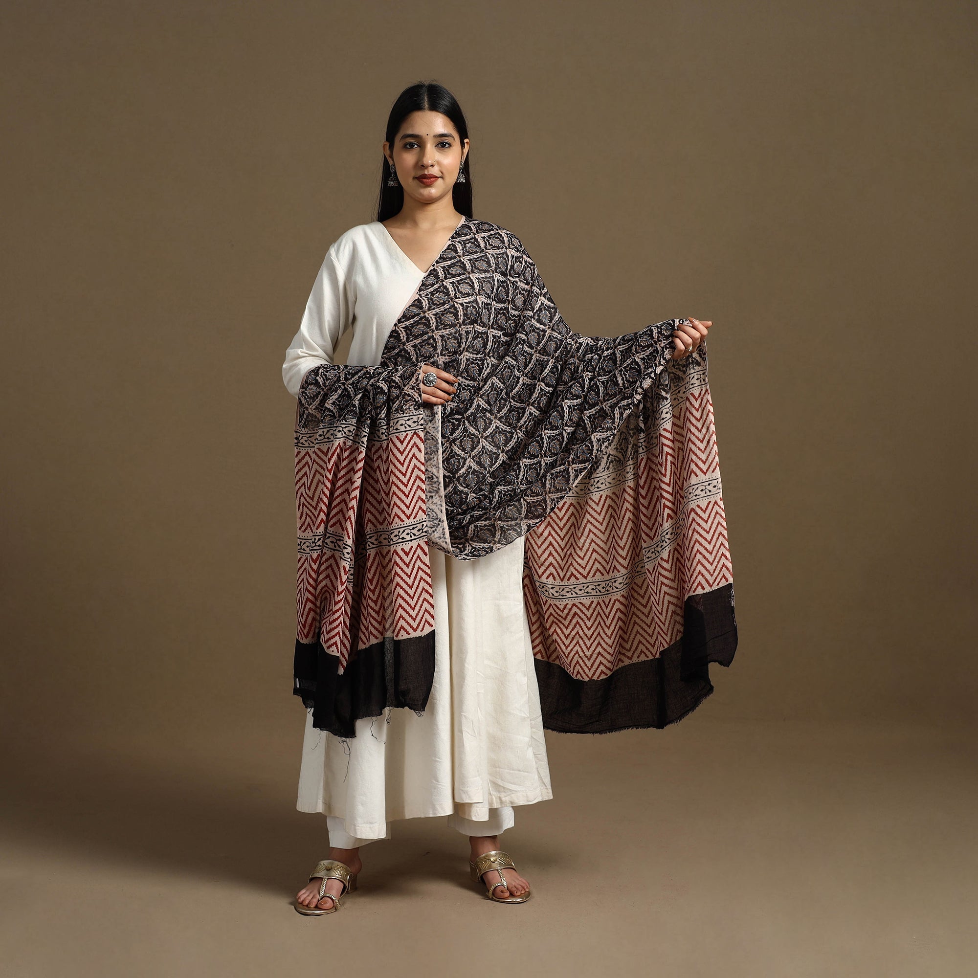 ARTISAN HAND BLOCK PRINTS Black - Block Print Mul Cotton Bagru Dupatta 27