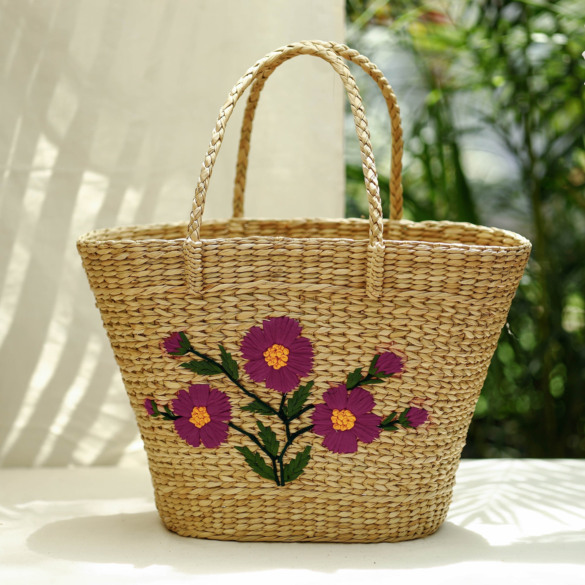 ITOKRI CRAFTS INITIATIVE Beige - Handcrafted Natural Water Reed Embroidered Shopping Bag