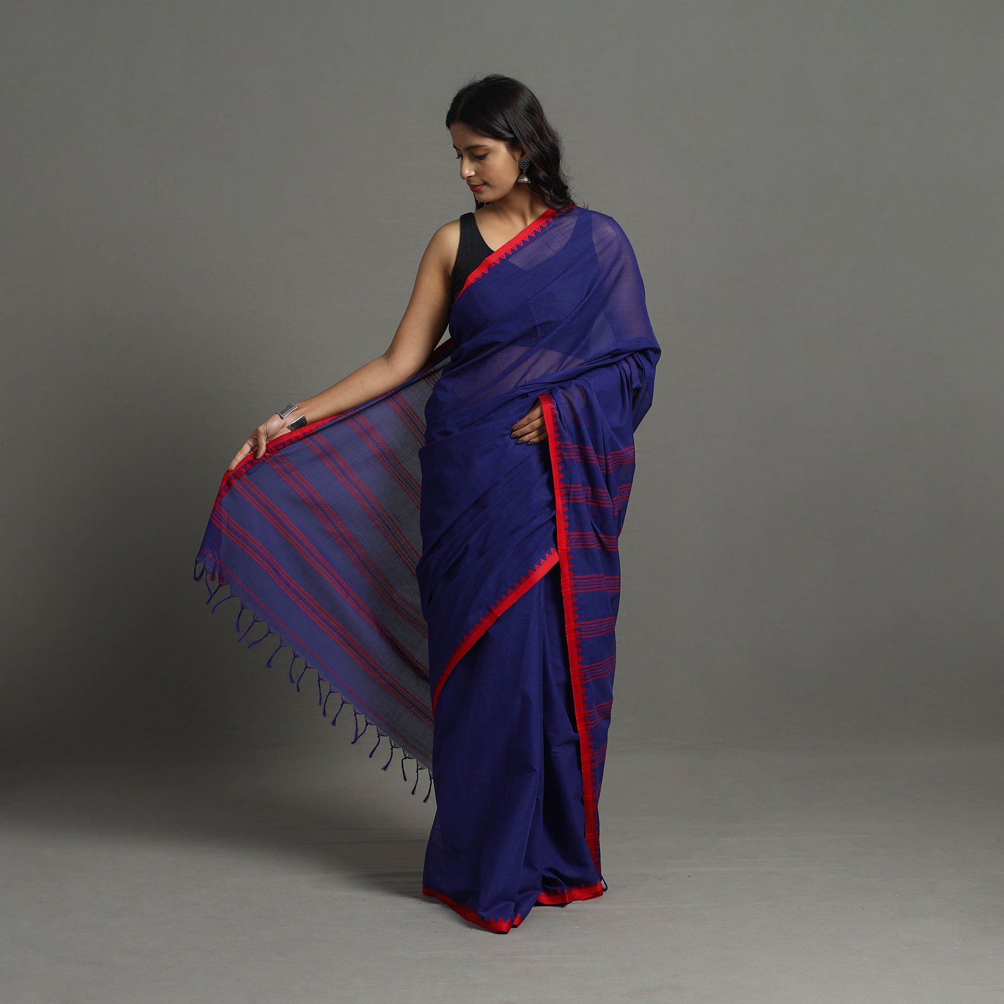 SASHA Blue - Bengal Handwoven Cotton Plain Begampuri Saree 21 - view 2