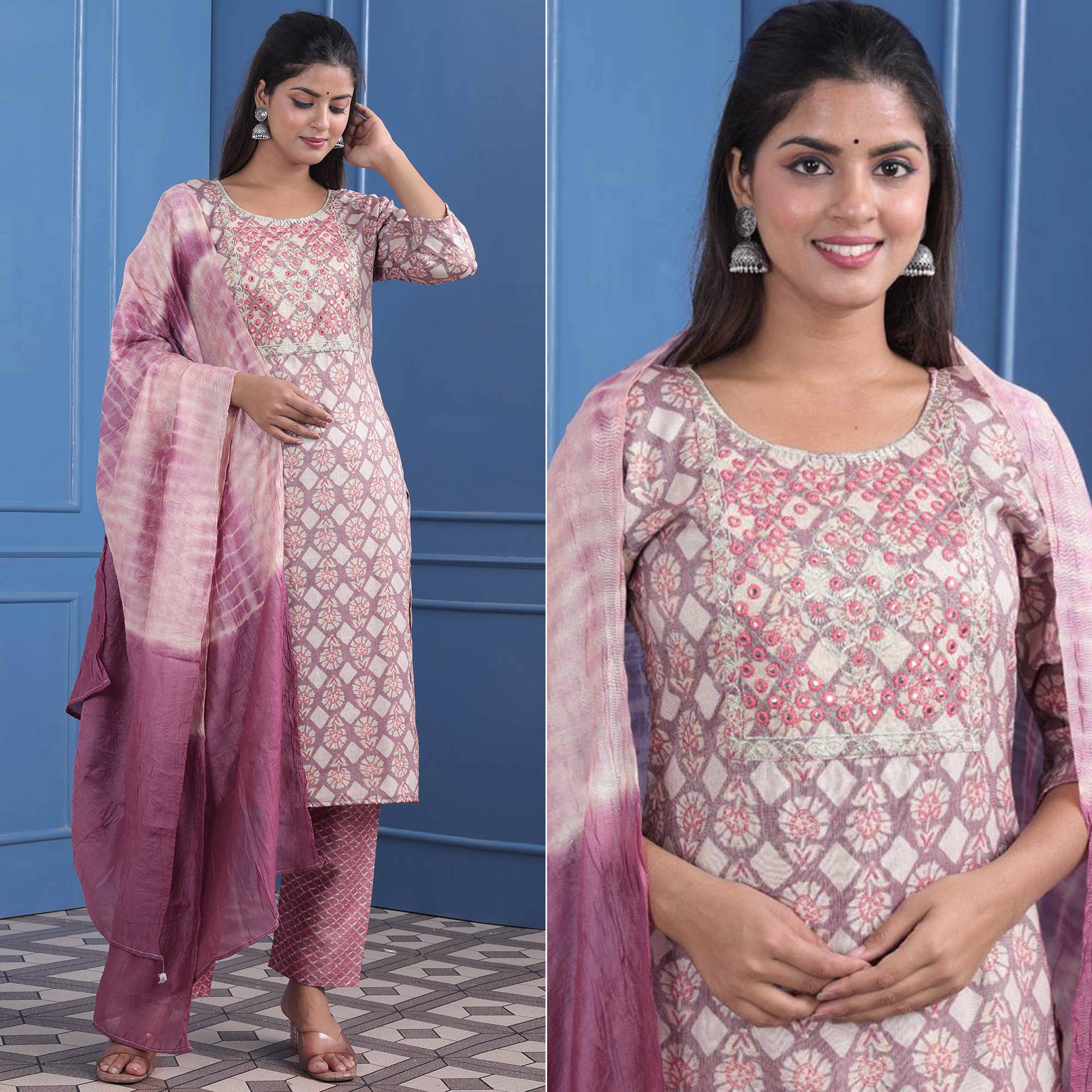 Peachmode Seller Mauve Floral Printed With Embroidered Rayon Suit