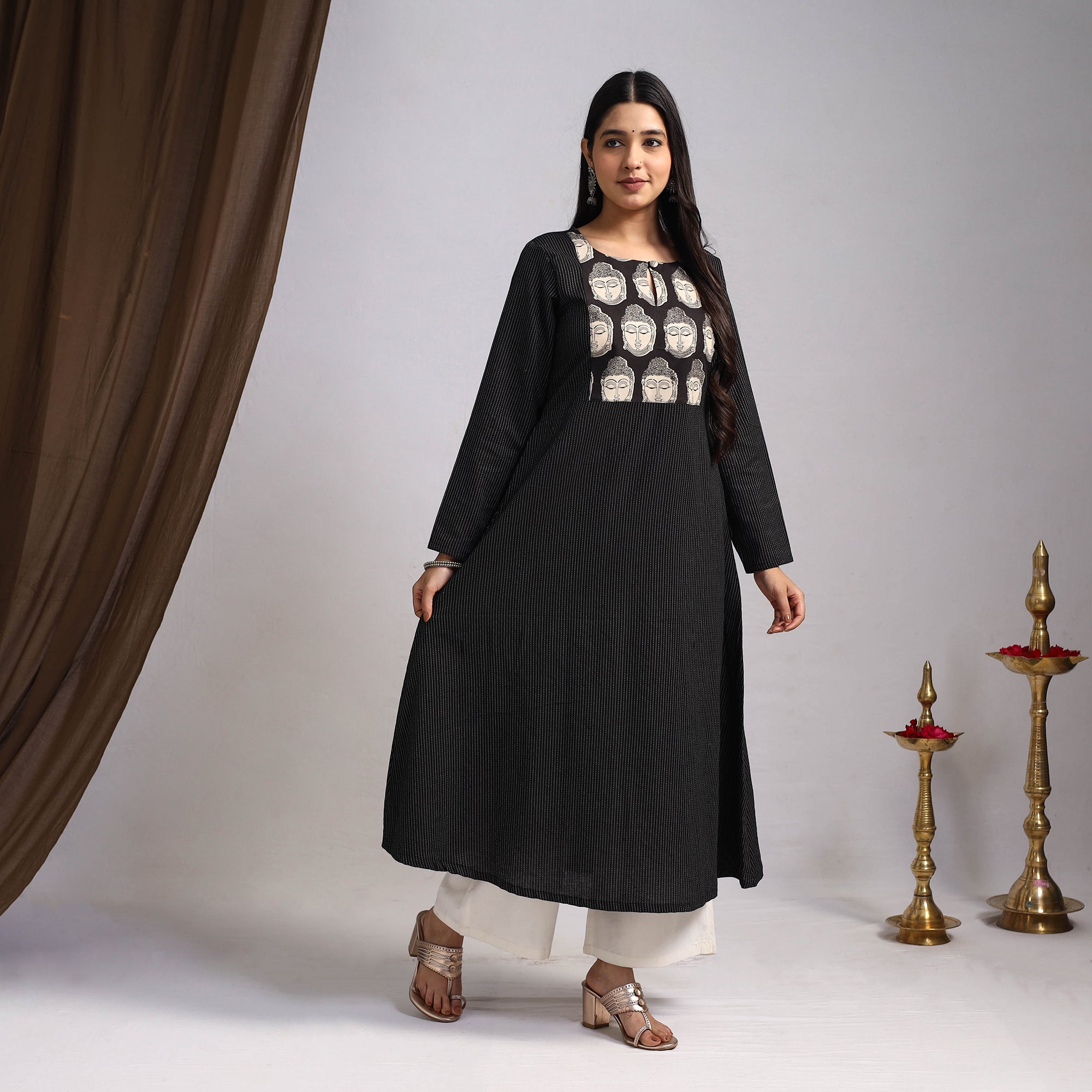 ITOKRI CASUALS Black - Nazakat Heritage Patchwork Cotton A-Line Plain Kurta 02 - view 2