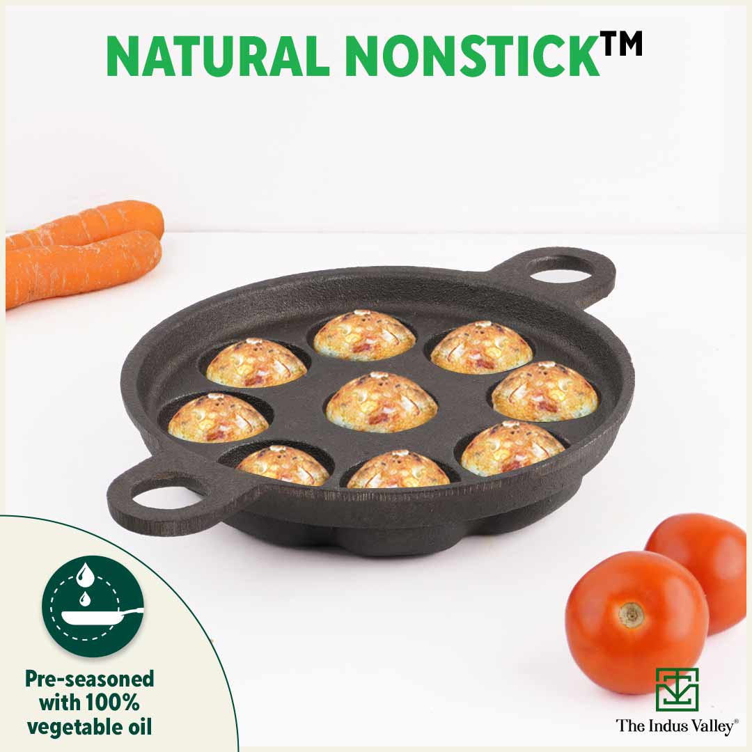 The Indus Valley Super Smooth 9 Pit/Cup Cast Iron Paniyaram/Appe Pan+ Free Spatula, Pre-seasoned, Natural Nonstick, 100% Pure, Toxin-free, 21 cm, 2.8k - view 8