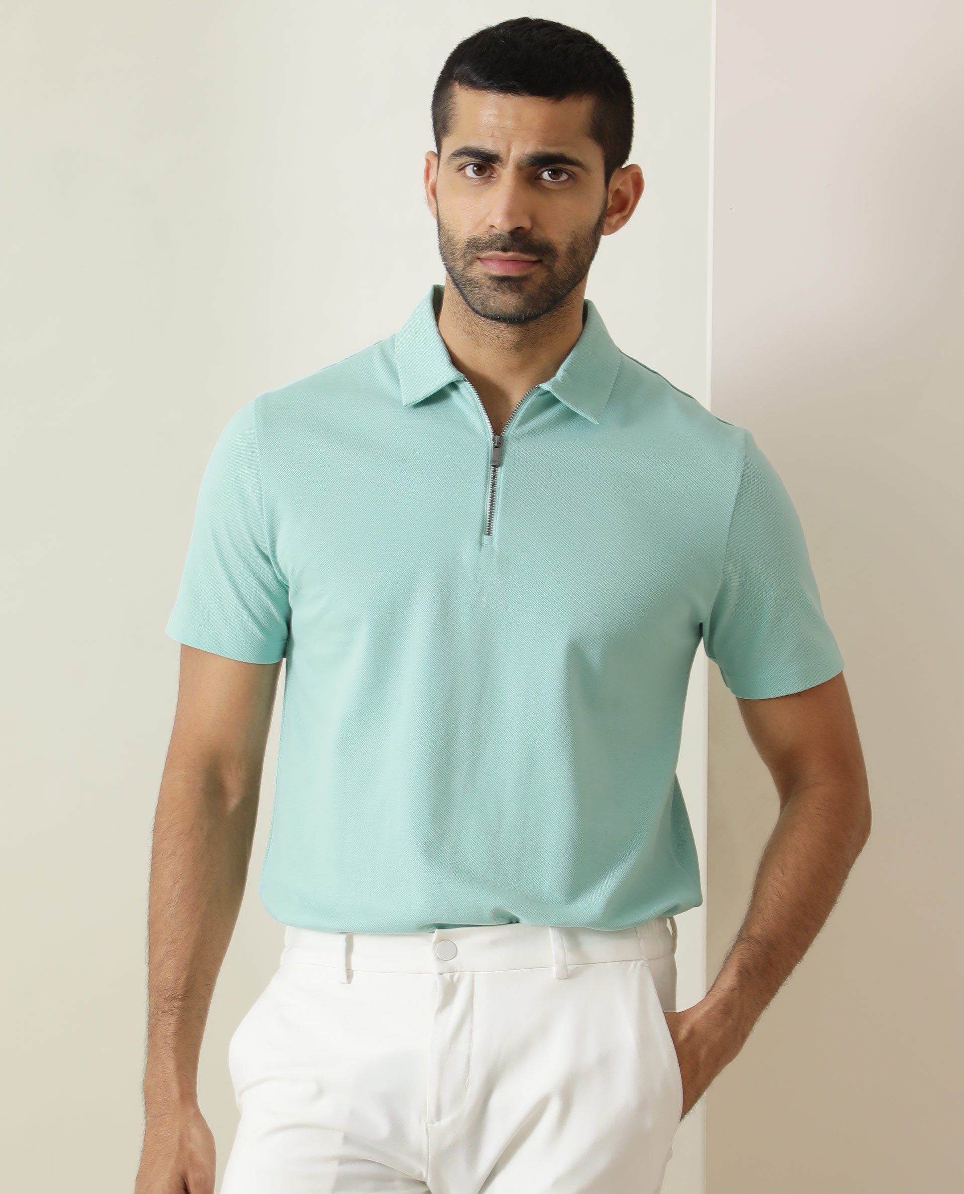 Rare Rabbit Men's Stel Pastel Green Cotton Fabric Collared Neck Zipper Closure Half Sleeves Flat Knit Polo T-Shirt - view 5