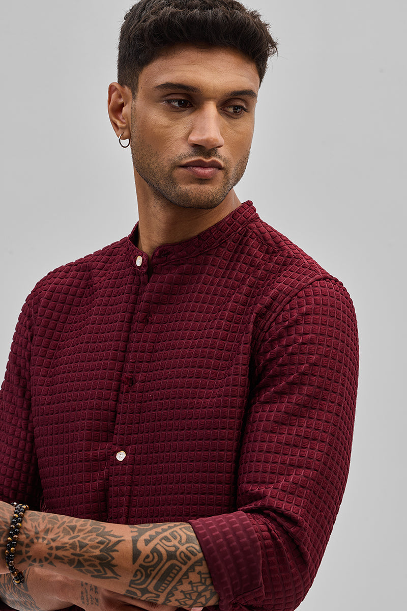 SNITCH Maroon Textured Mandarin Shirt - view 4