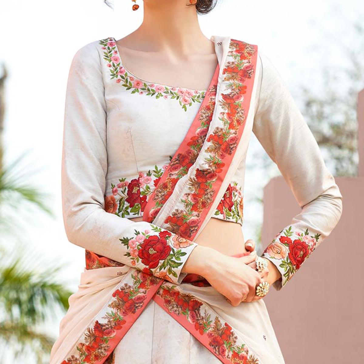 Peachmode Dazzling Off-White Colored Designer Partywear Embroidered Silk Lehenga Choli - view 2