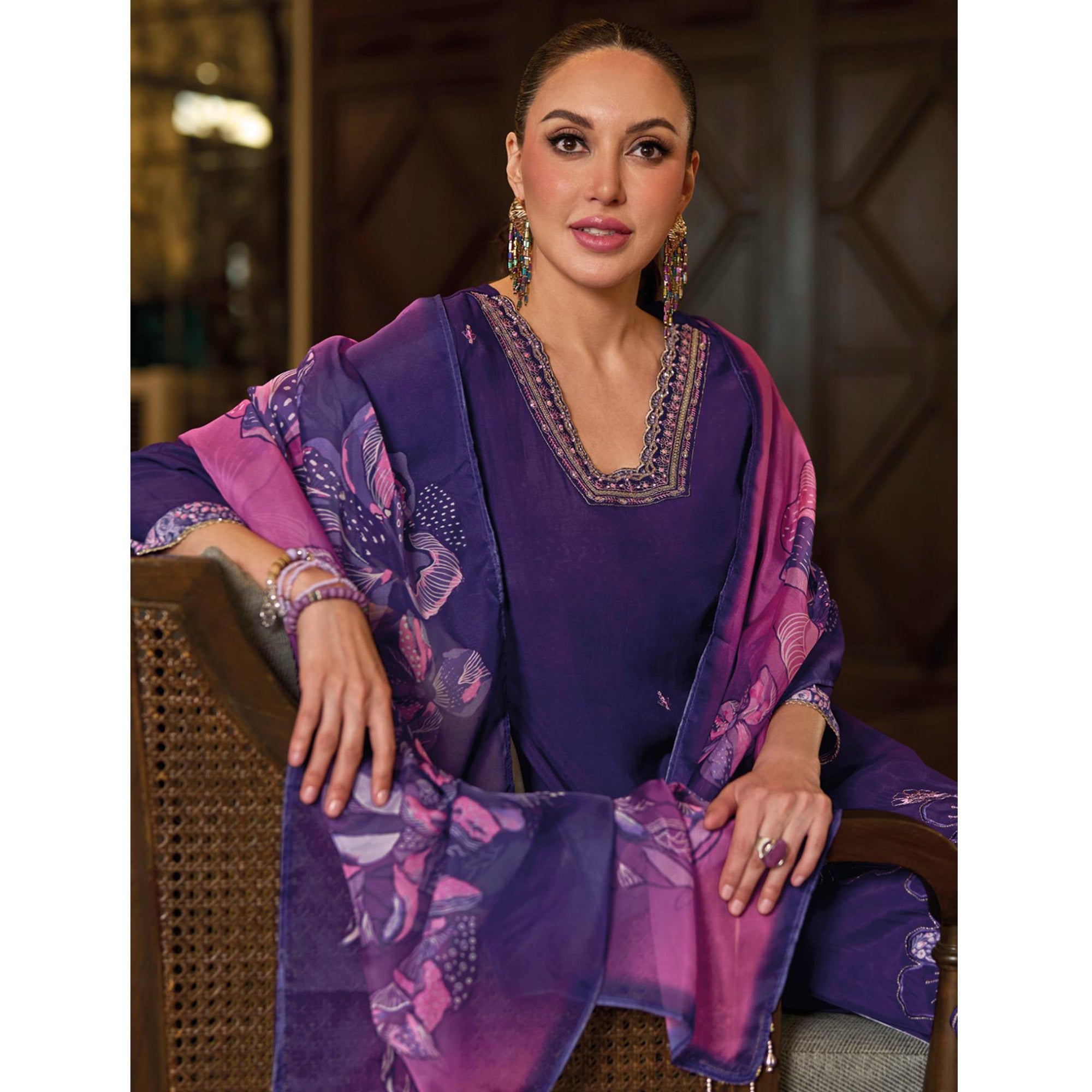 Peachmode Purple Floral Handwork Embroidered Viscose Salwar Suit - view 4