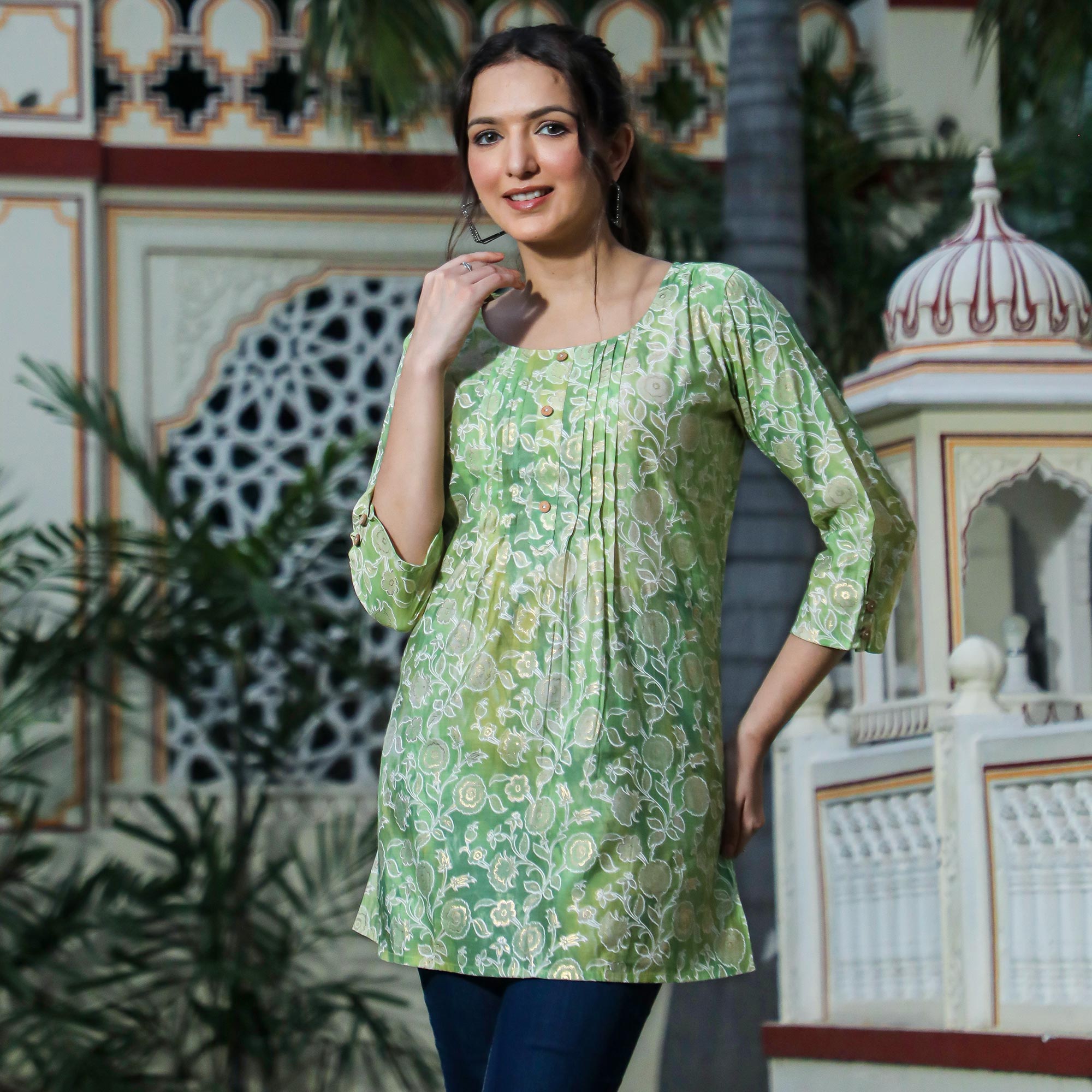 Green t-shirts – BlackTree green-floral-foil-printed-modal-top
