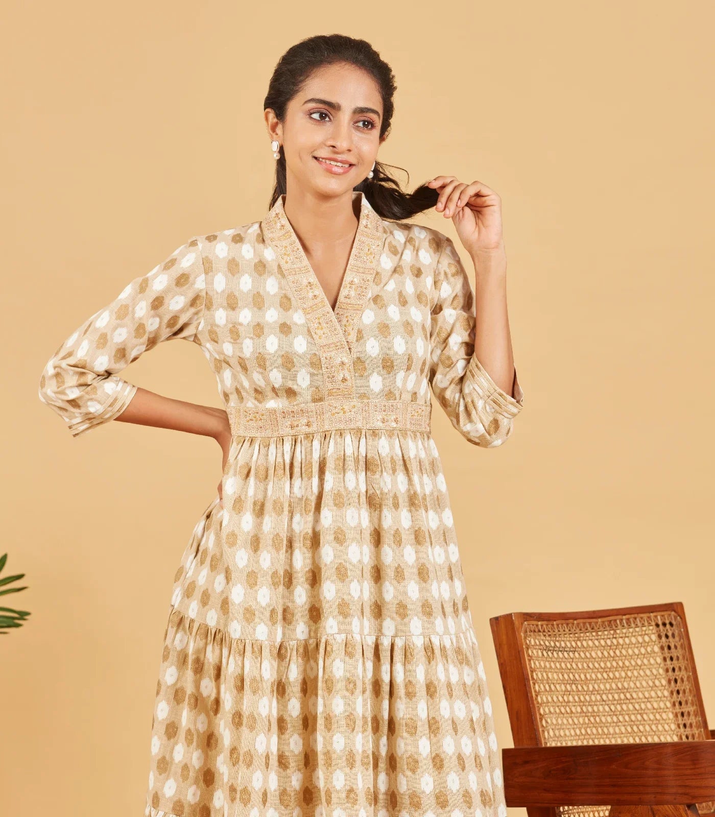 RmKV Silks Beige And Gold Embroidered Dress - view 2
