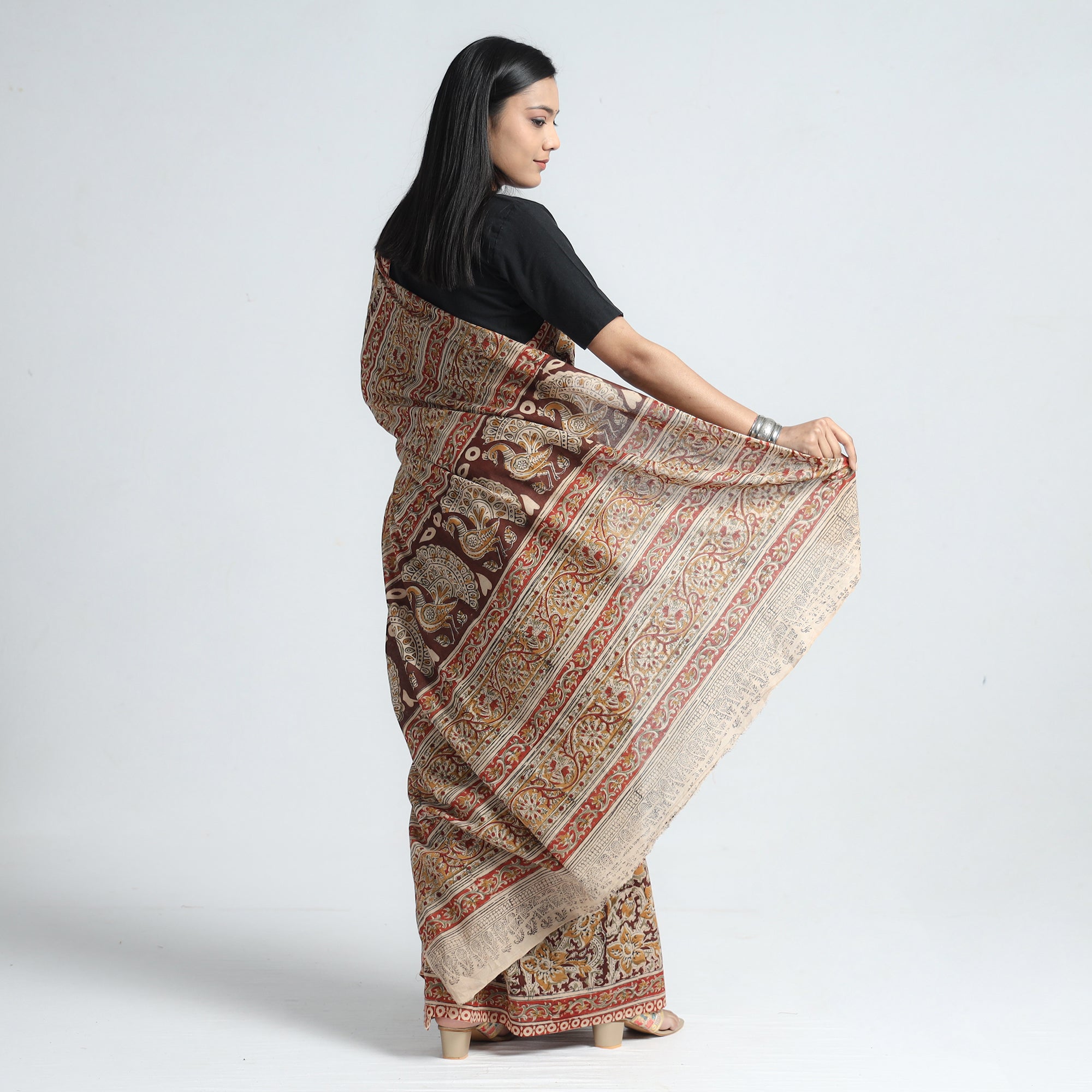 VENKATA BHANU KALAMKARI PEDANA Brown - Pedana Block Print Cotton Kalamkari Saree - view 6